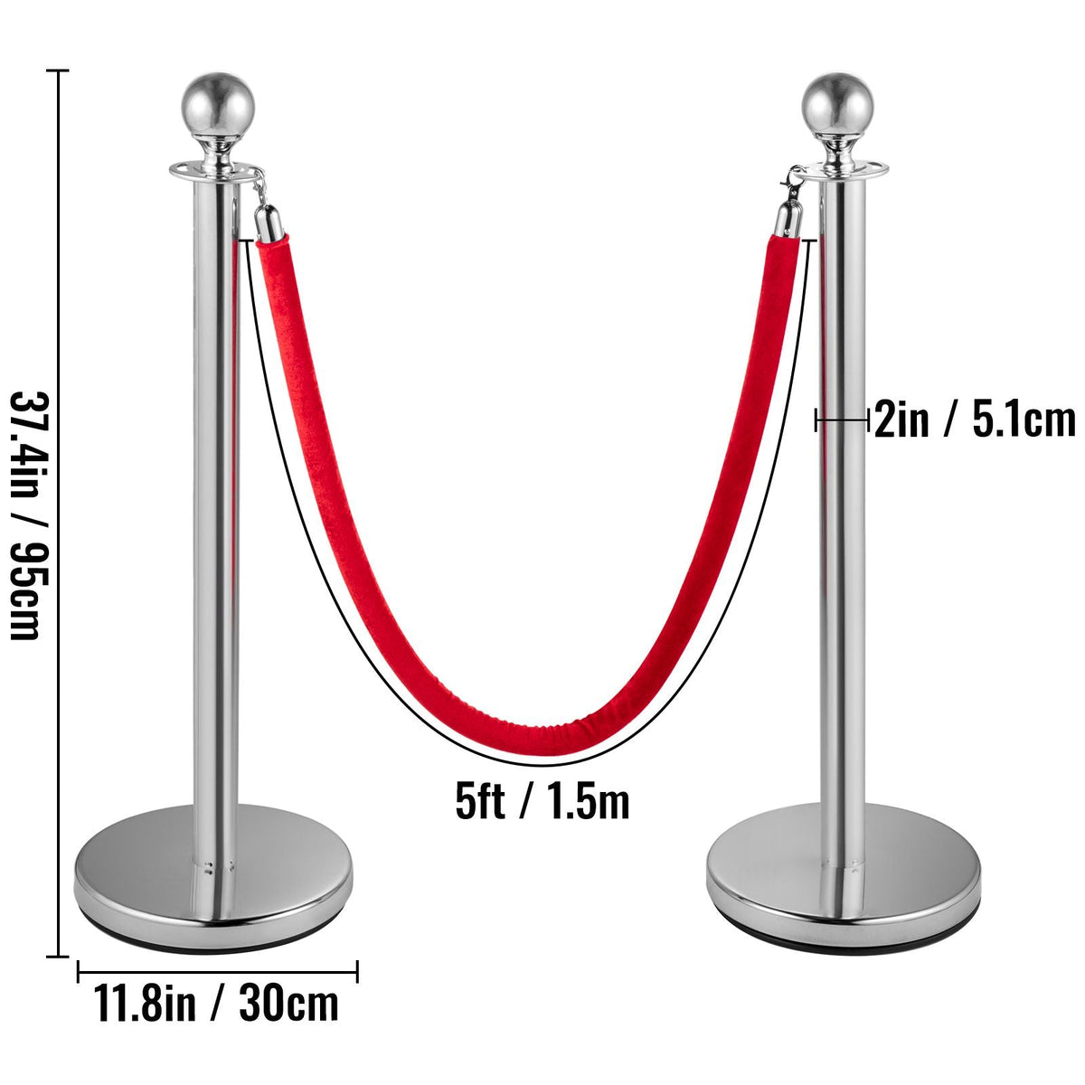 Stanchion Post with Velvet Ropes, 6-Pack Crowd Control Stanchion with 3PCS 5FT Red Velvet Ropes, Stainless Steel Queue Barrier Line Divider with Ball Top for Events, Museums, Parties