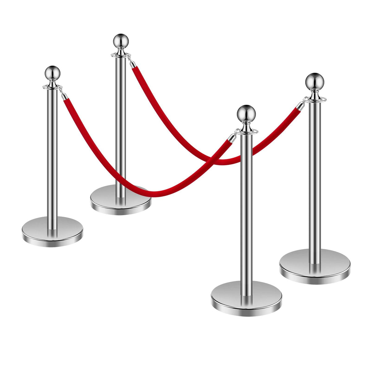Stanchions and Velvet Ropes 4Pcs, Hollow Base with Stainless Steel Post, 2 Red Velvet Ropes and Posts, Crowd Control Barriers Silver Stanchions, Red Carpet Runner Poles for Party Supplies