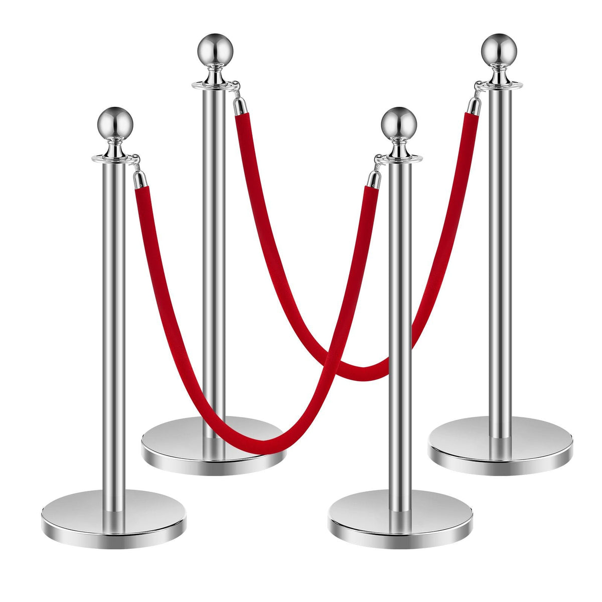 Stanchions and Velvet Ropes 4Pcs, Hollow Base with Stainless Steel Post, 2 Red Velvet Ropes and Posts, Crowd Control Barriers Silver Stanchions, Red Carpet Runner Poles for Party Supplies