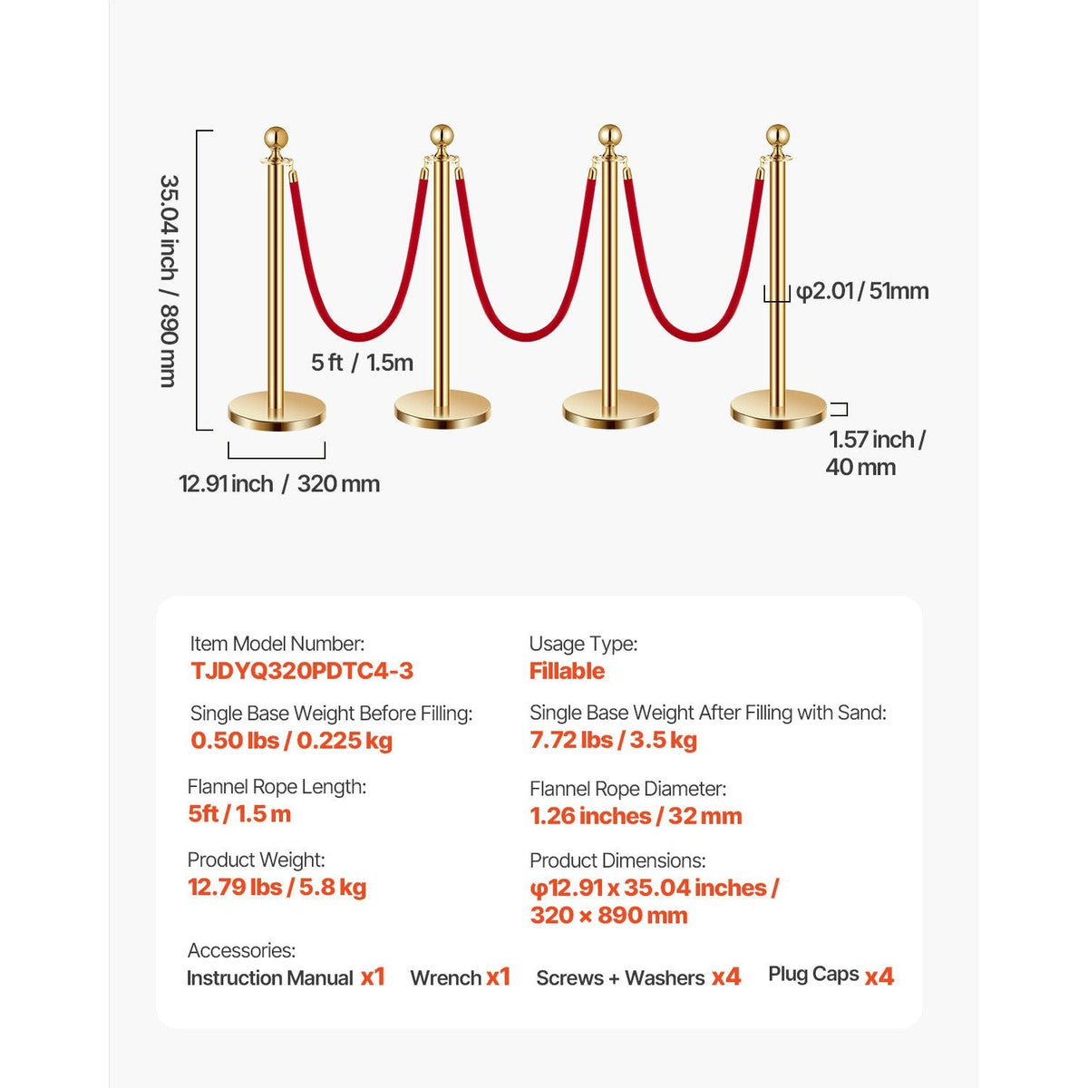 Stanchions and Velvet Ropes 4Pcs, Hollow Base with Stainless Steel Post, 3 Red Velvet Ropes and Posts, Crowd Control Barriers Gold Stanchions, Red Carpet Runner Poles for Party Supplies