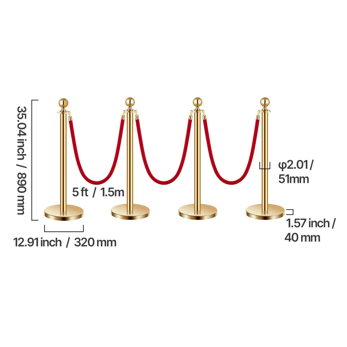 Stanchions and Velvet Ropes 4Pcs, Hollow Base with Stainless Steel Post, 3 Red Velvet Ropes and Posts, Crowd Control Barriers Gold Stanchions, Red Carpet Runner Poles for Party Supplies