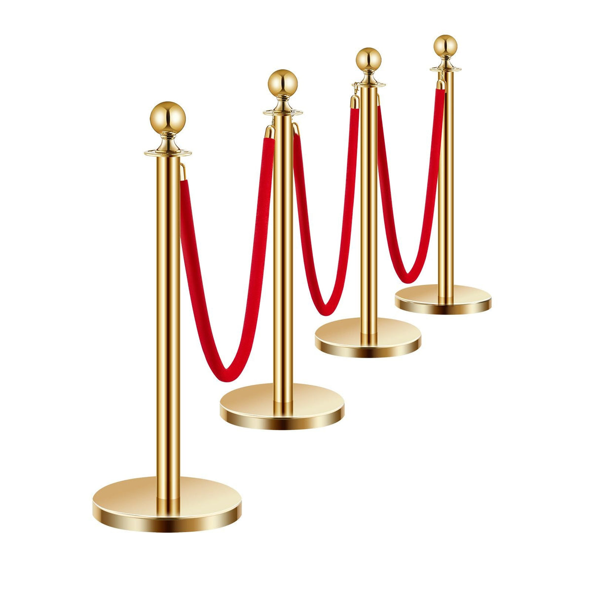 Stanchions and Velvet Ropes 4Pcs, Hollow Base with Stainless Steel Post, 3 Red Velvet Ropes and Posts, Crowd Control Barriers Gold Stanchions, Red Carpet Runner Poles for Party Supplies
