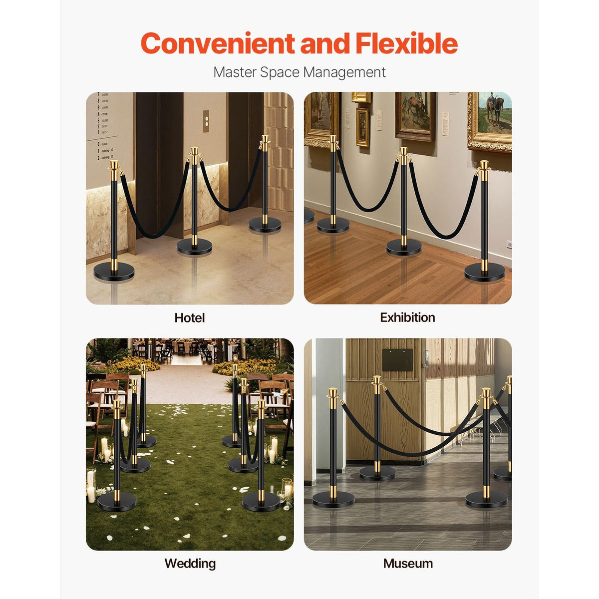 Stanchions and Velvet Ropes, 6 Pcs Crowd Control Barriers with 4 Black Velvet Ropes, Stainless Steel Stanchion Post Queue with Sand Injection Hollow Base for Theater, Wedding, Party Supplies