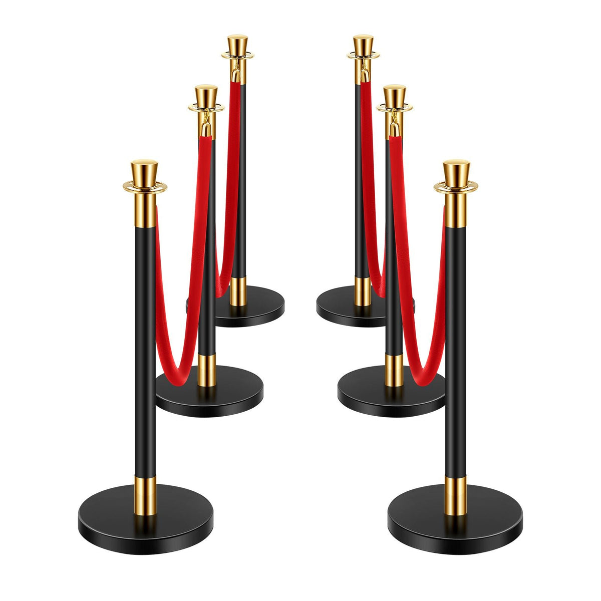 Stanchions and Velvet Ropes, 6 Pcs Crowd Control Barriers with 4 Red Velvet Ropes, Stainless Steel Stanchion Post Queue with Sand Injection Hollow Base for Theater, Wedding, Party Supplies