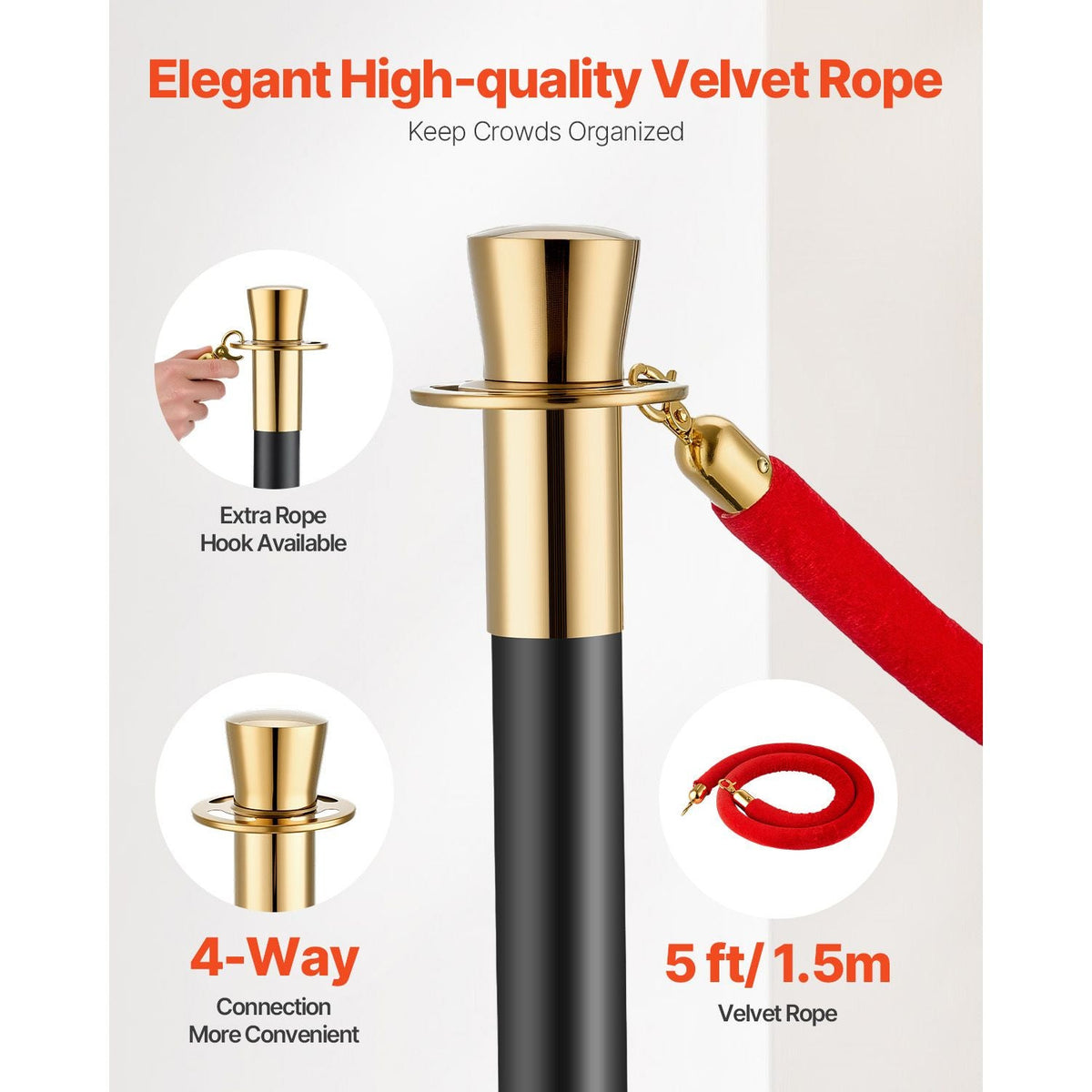 Stanchions and Velvet Ropes, 6 Pcs Crowd Control Barriers with 4 Red Velvet Ropes, Stainless Steel Stanchion Post Queue with Sand Injection Hollow Base for Theater, Wedding, Party Supplies