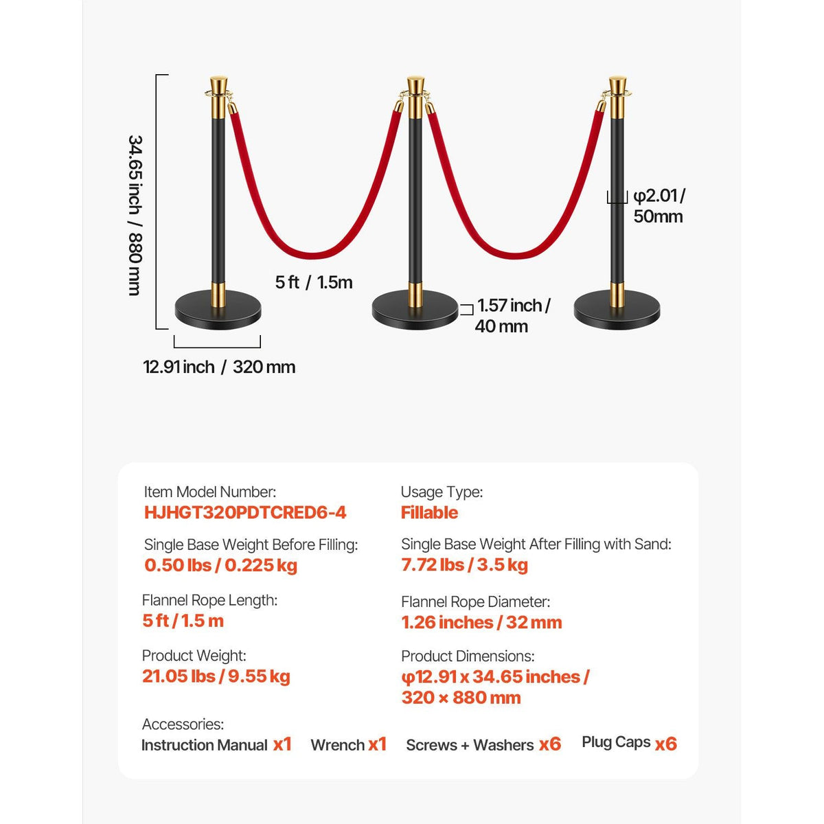 Stanchions and Velvet Ropes, 6 Pcs Crowd Control Barriers with 4 Red Velvet Ropes, Stainless Steel Stanchion Post Queue with Sand Injection Hollow Base for Theater, Wedding, Party Supplies