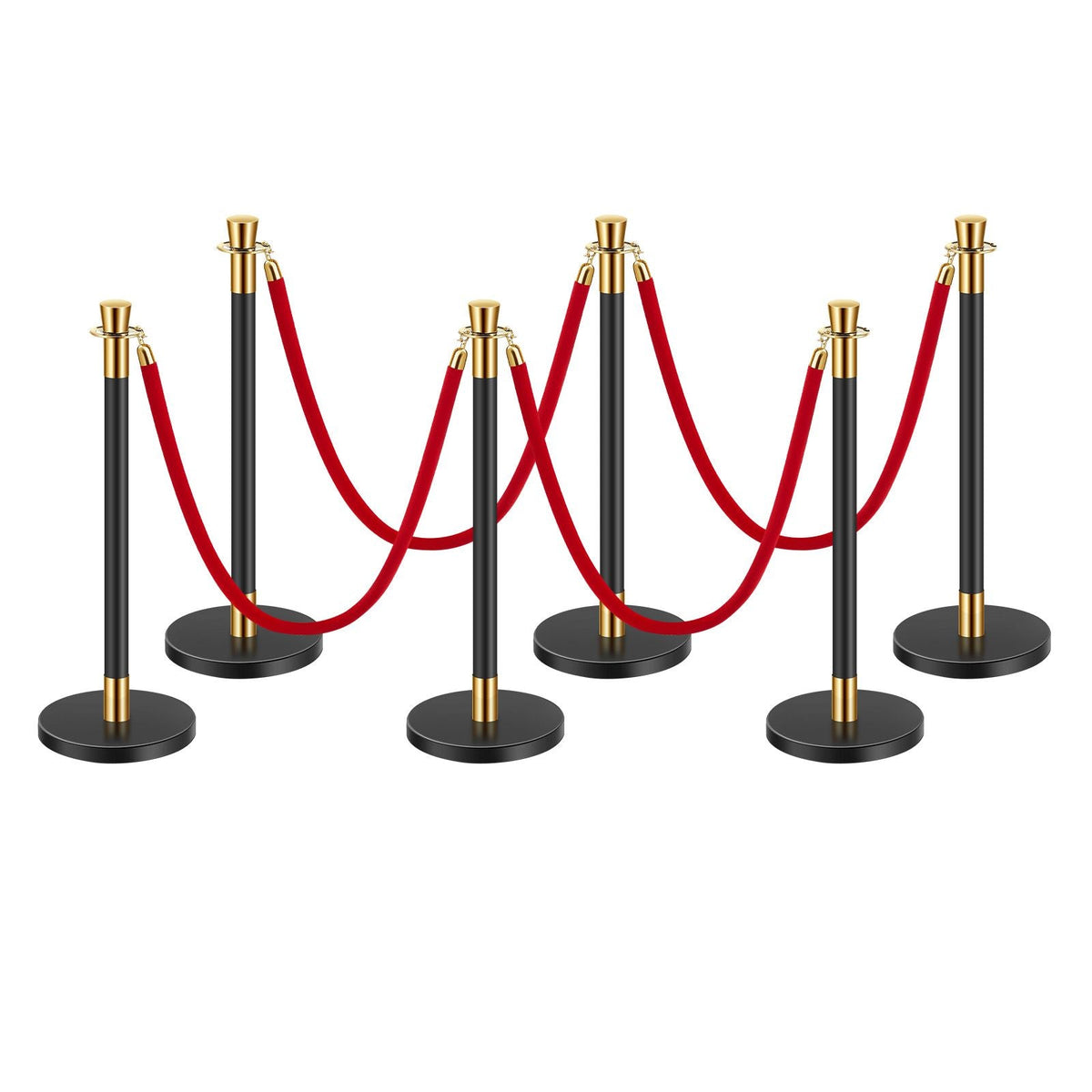 Stanchions and Velvet Ropes, 6 Pcs Crowd Control Barriers with 4 Red Velvet Ropes, Stainless Steel Stanchion Post Queue with Sand Injection Hollow Base for Theater, Wedding, Party Supplies