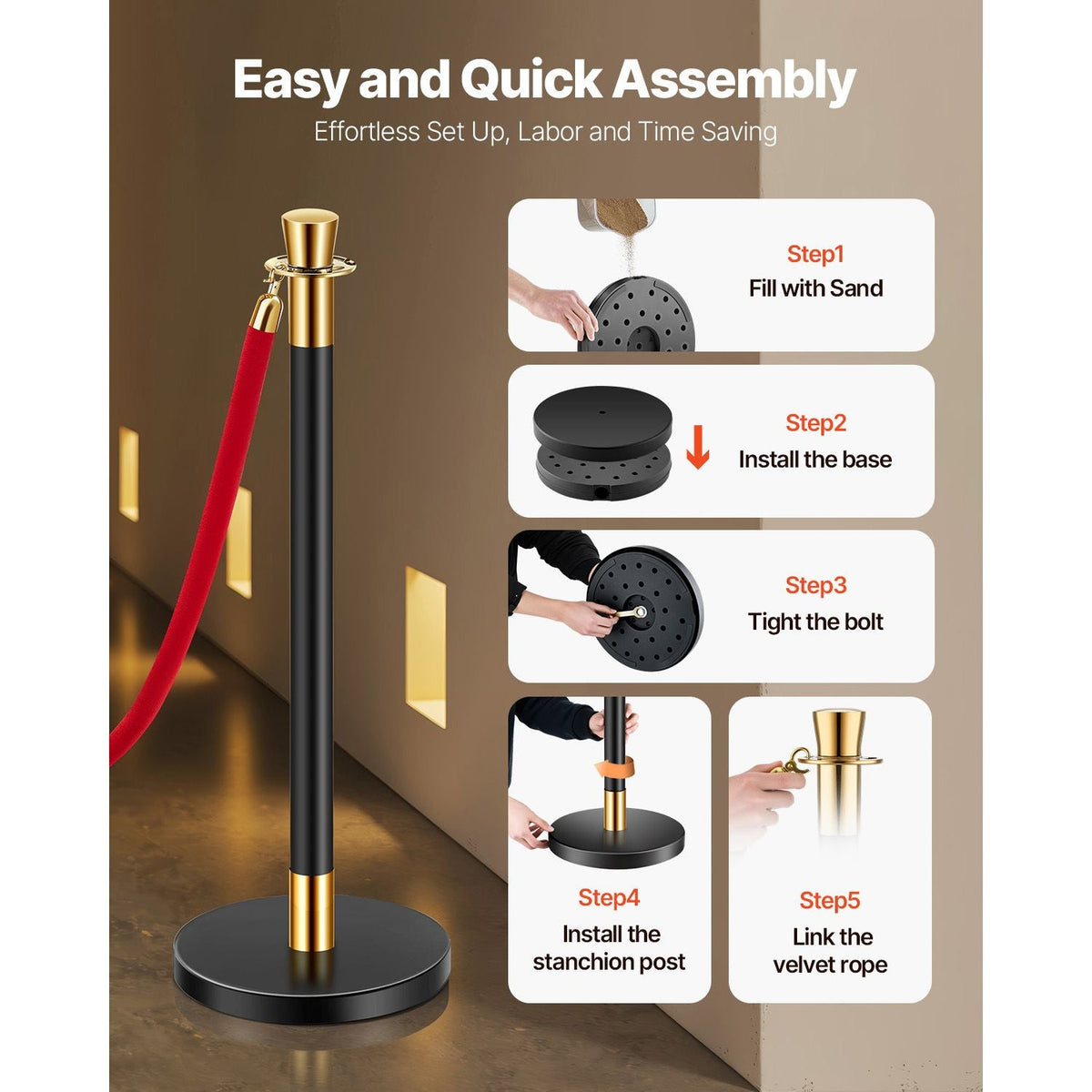 Stanchions and Velvet Ropes, 6 Pcs Crowd Control Barriers with 4 Red Velvet Ropes, Stainless Steel Stanchion Post Queue with Sand Injection Hollow Base for Theater, Wedding, Party Supplies
