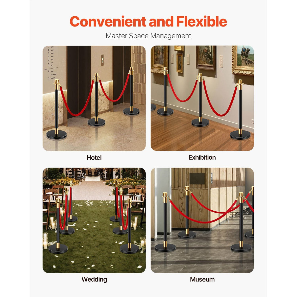 Stanchions and Velvet Ropes, 6 Pcs Crowd Control Barriers with 4 Red Velvet Ropes, Stainless Steel Stanchion Post Queue with Sand Injection Hollow Base for Theater, Wedding, Party Supplies