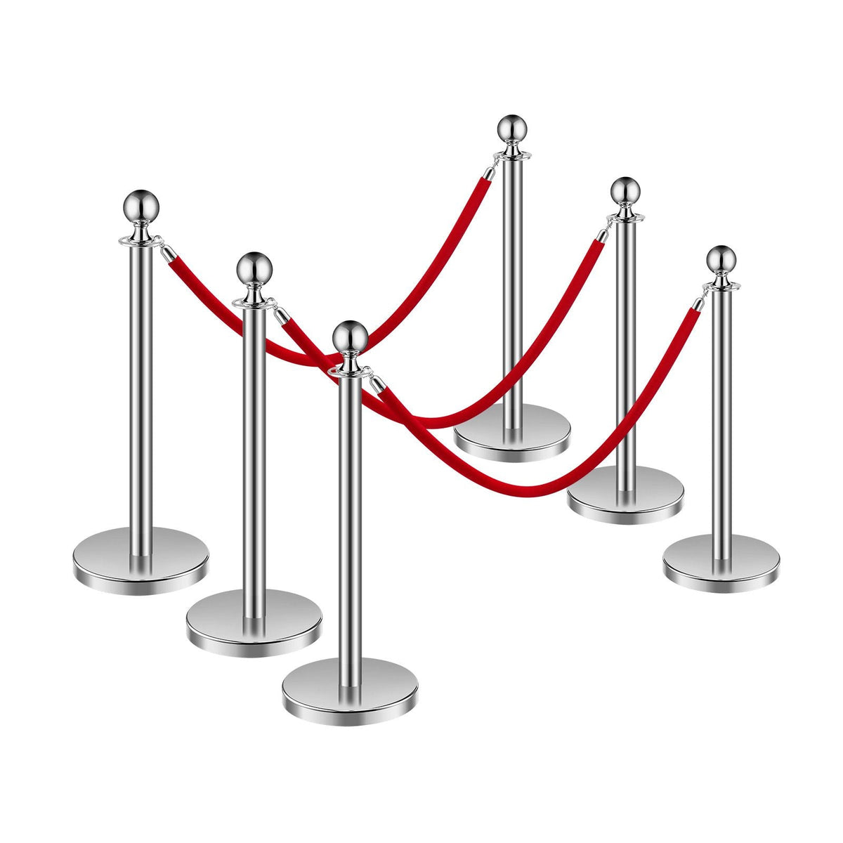 Stanchions and Velvet Ropes 6Pcs, Hollow Base with Stainless Steel Post, 3 Red Velvet Ropes and Posts, Crowd Control Barriers Silver Stanchions, Red Carpet Runner Poles for Party Supplies