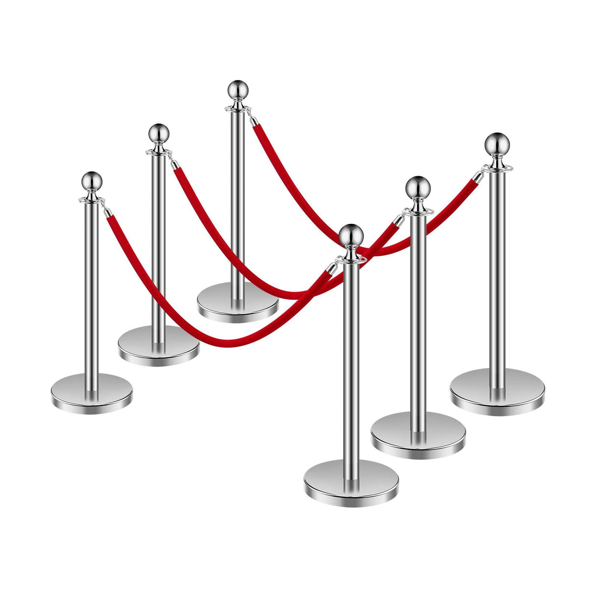 Stanchions and Velvet Ropes 6Pcs, Hollow Base with Stainless Steel Post, 3 Red Velvet Ropes and Posts, Crowd Control Barriers Silver Stanchions, Red Carpet Runner Poles for Party Supplies