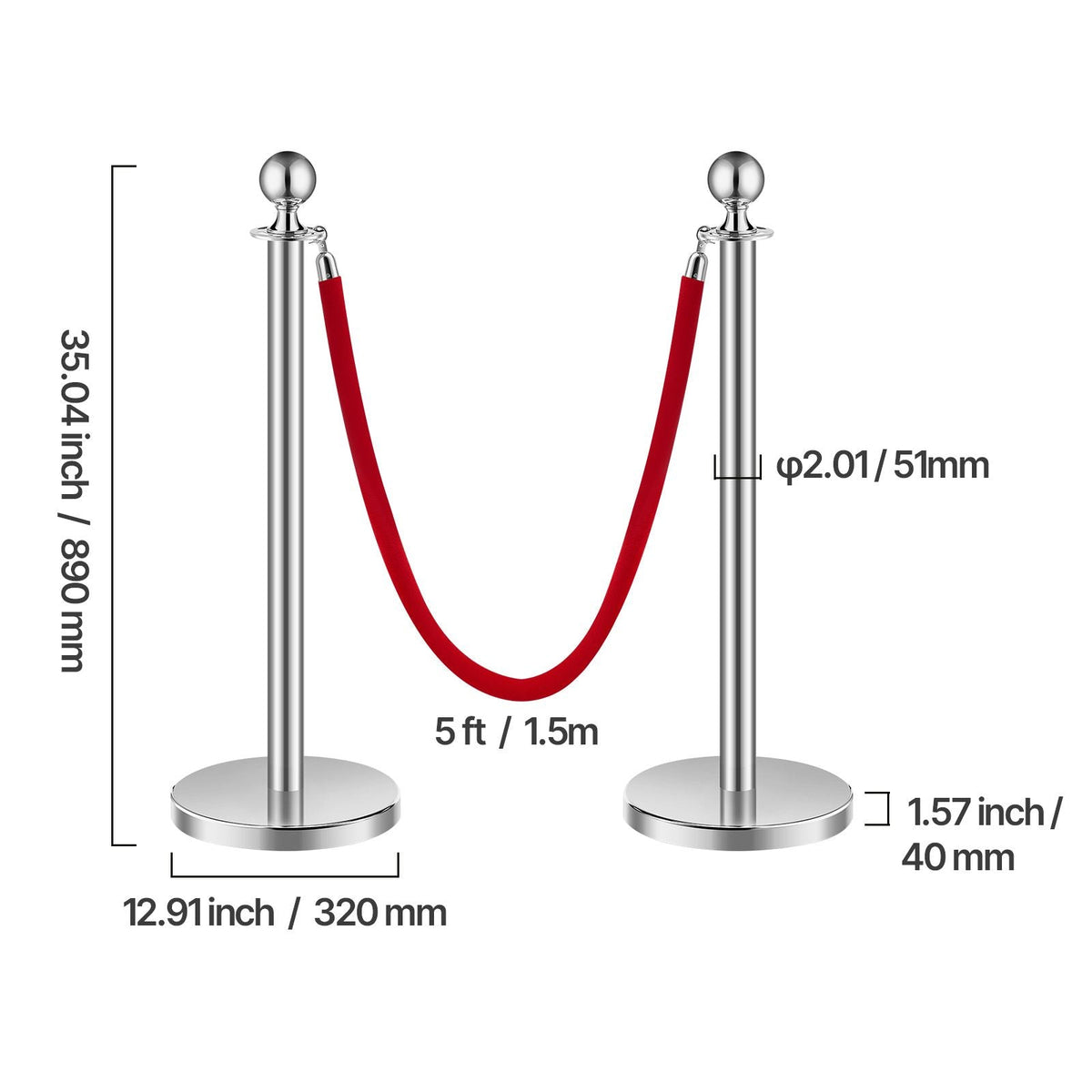 Stanchions and Velvet Ropes 6Pcs, Hollow Base with Stainless Steel Post, 3 Red Velvet Ropes and Posts, Crowd Control Barriers Silver Stanchions, Red Carpet Runner Poles for Party Supplies
