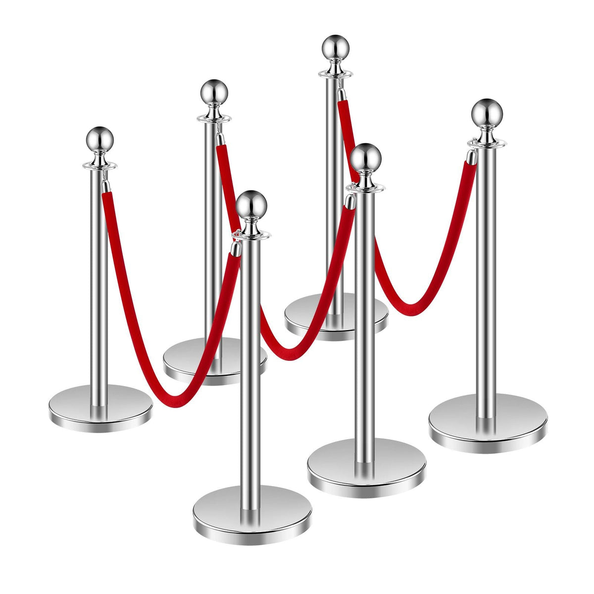 Stanchions and Velvet Ropes 6Pcs, Hollow Base with Stainless Steel Post, 3 Red Velvet Ropes and Posts, Crowd Control Barriers Silver Stanchions, Red Carpet Runner Poles for Party Supplies