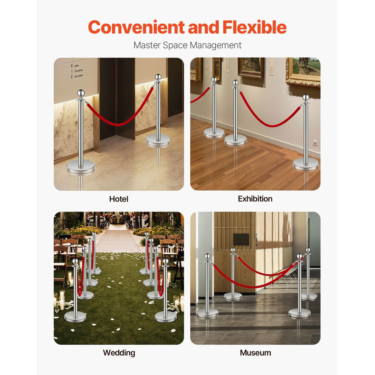 Stanchions and Velvet Ropes 6Pcs, Hollow Base with Stainless Steel Post, 3 Red Velvet Ropes and Posts, Crowd Control Barriers Silver Stanchions, Red Carpet Runner Poles for Party Supplies