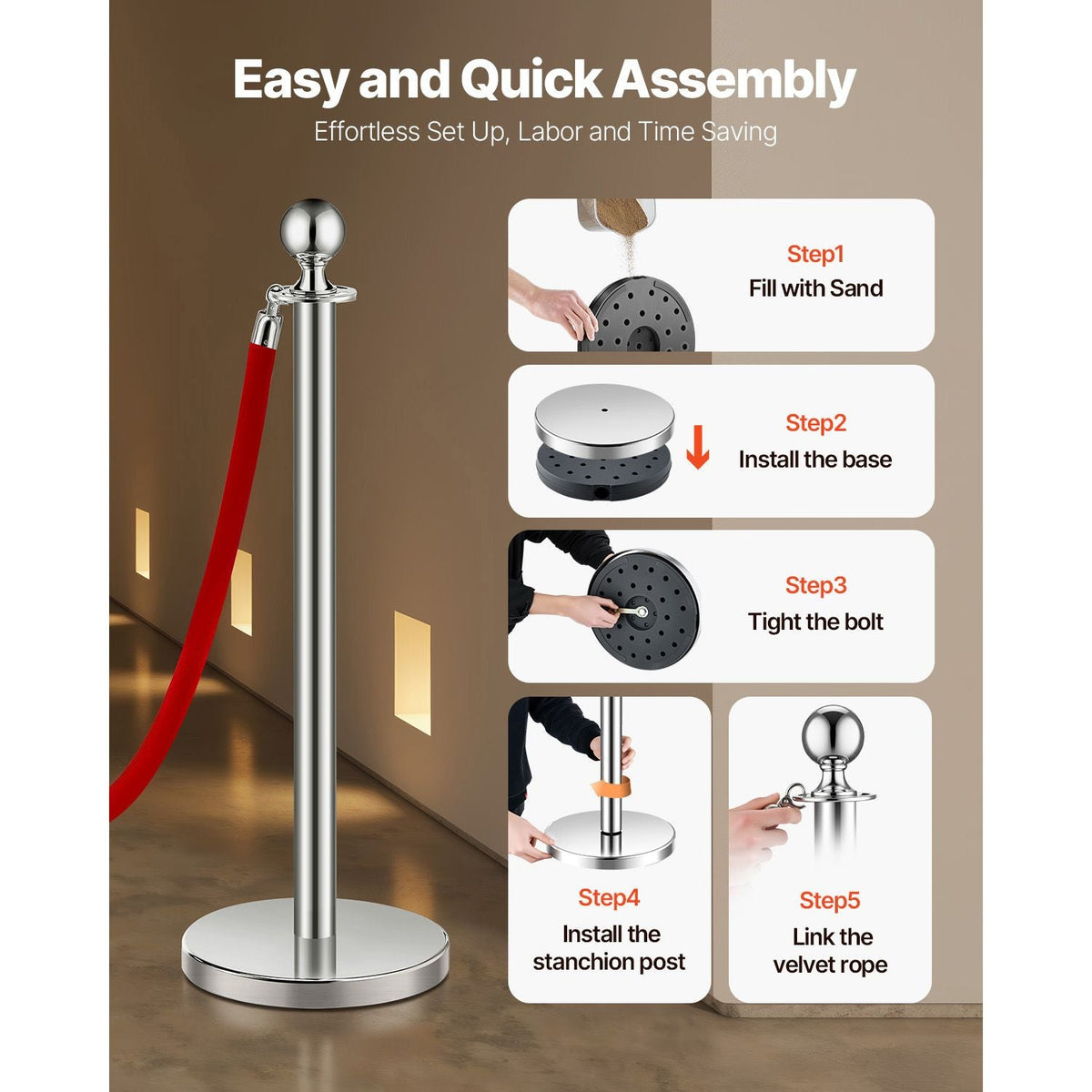 Stanchions and Velvet Ropes 6Pcs, Hollow Base with Stainless Steel Post, 3 Red Velvet Ropes and Posts, Crowd Control Barriers Silver Stanchions, Red Carpet Runner Poles for Party Supplies