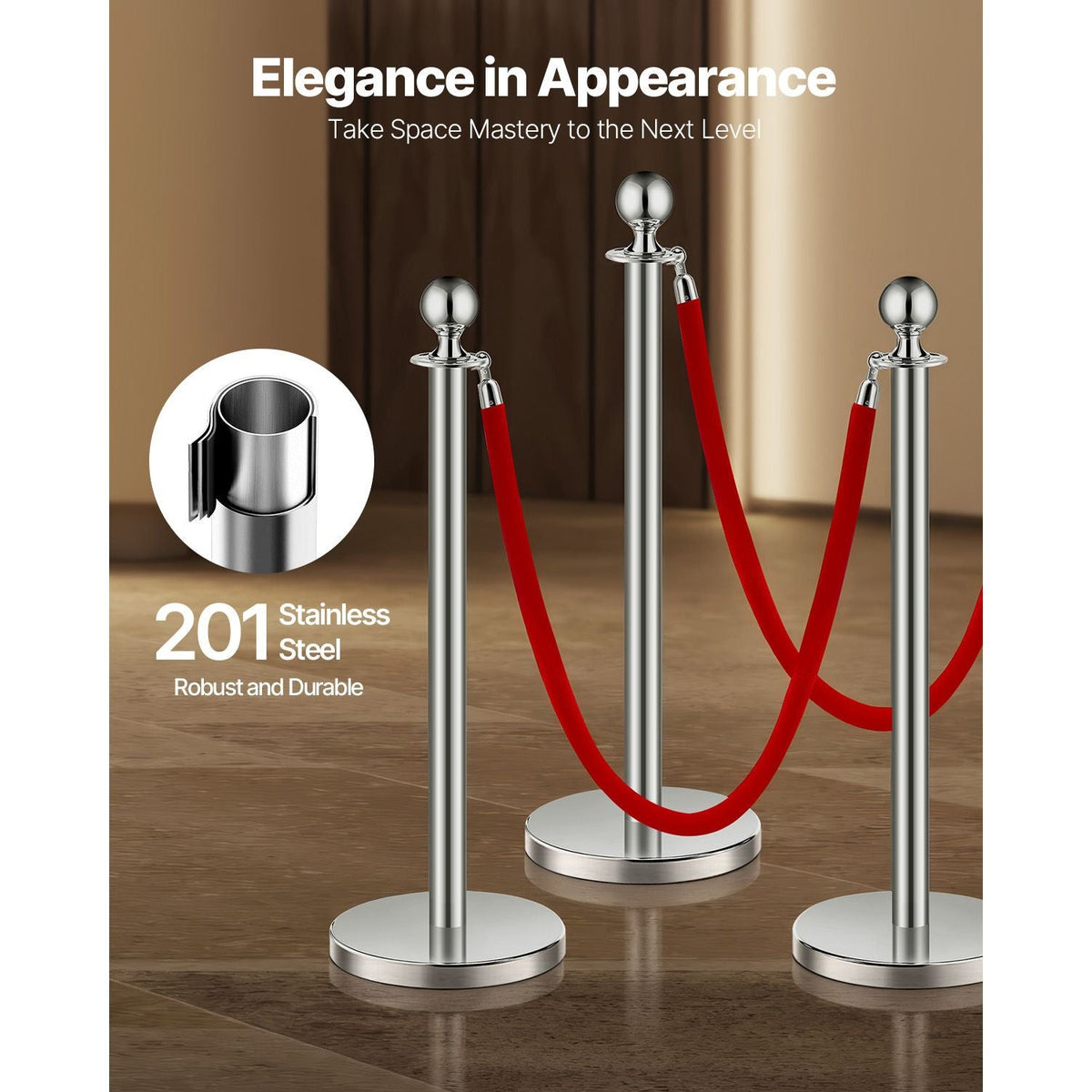 Stanchions and Velvet Ropes 6Pcs, Hollow Base with Stainless Steel Post, 3 Red Velvet Ropes and Posts, Crowd Control Barriers Silver Stanchions, Red Carpet Runner Poles for Party Supplies