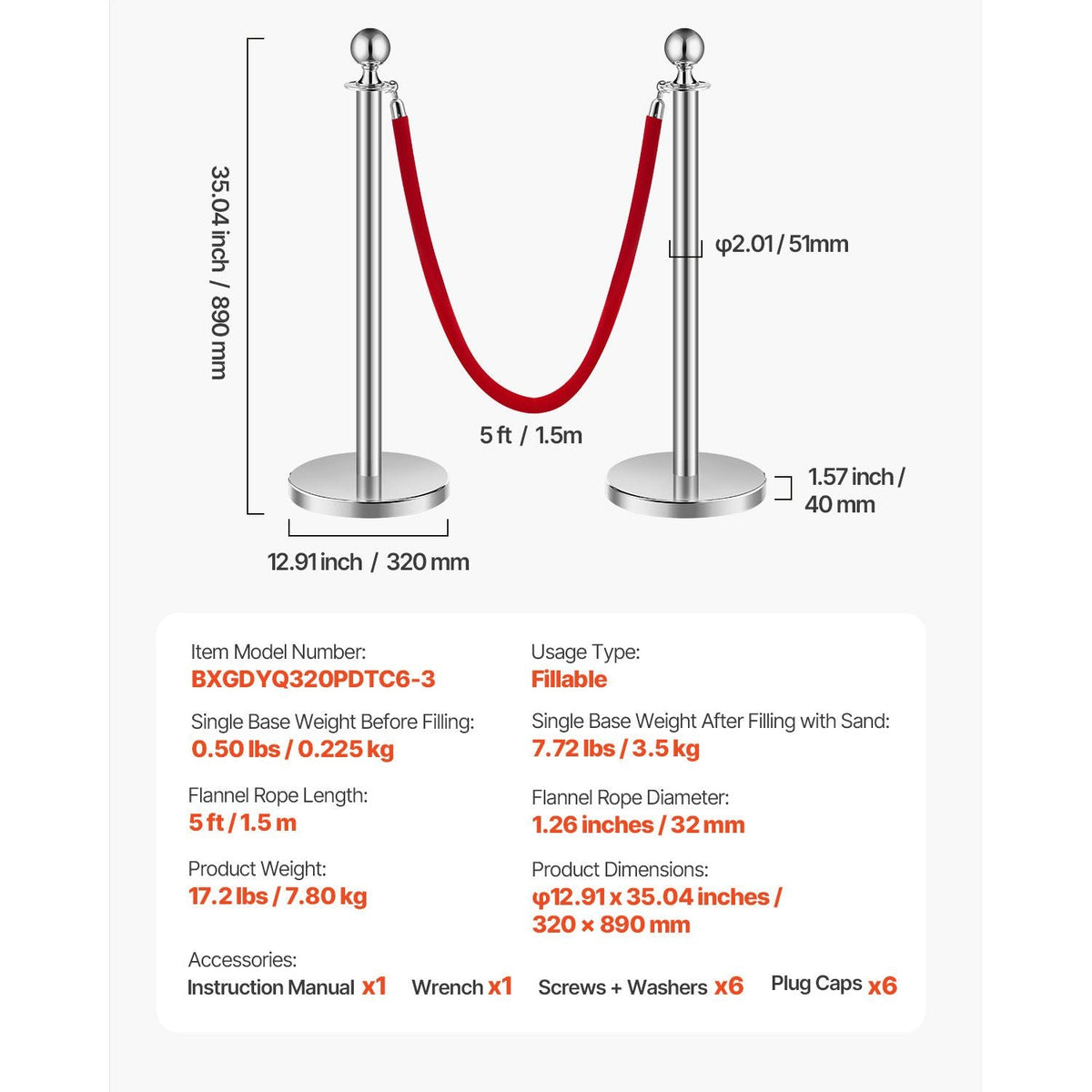 Stanchions and Velvet Ropes 6Pcs, Hollow Base with Stainless Steel Post, 3 Red Velvet Ropes and Posts, Crowd Control Barriers Silver Stanchions, Red Carpet Runner Poles for Party Supplies