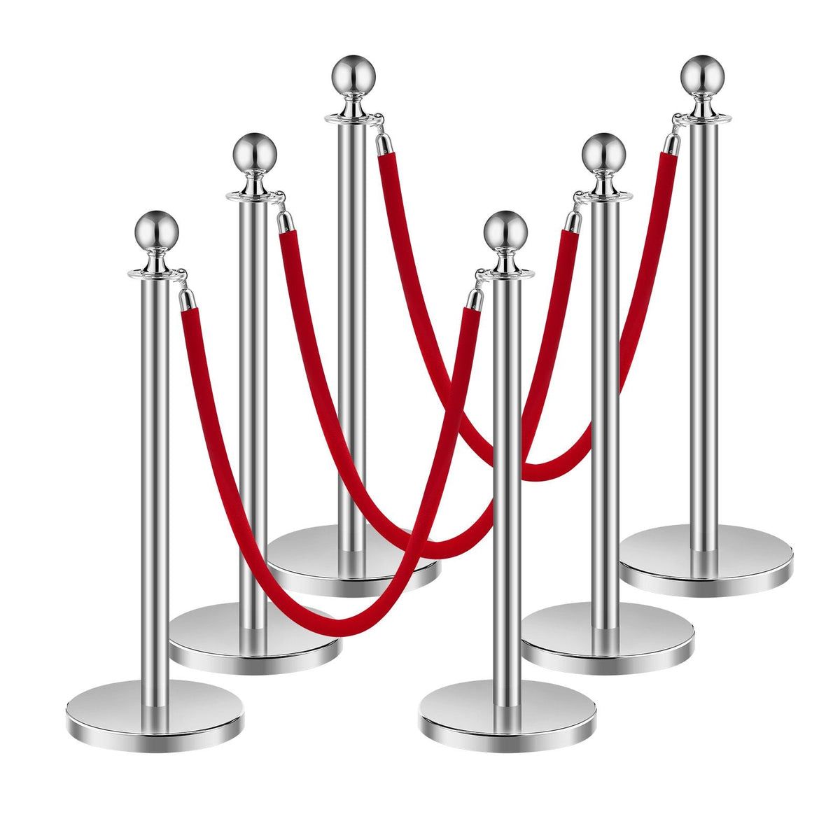 Stanchions and Velvet Ropes 6Pcs, Hollow Base with Stainless Steel Post, 3 Red Velvet Ropes and Posts, Crowd Control Barriers Silver Stanchions, Red Carpet Runner Poles for Party Supplies