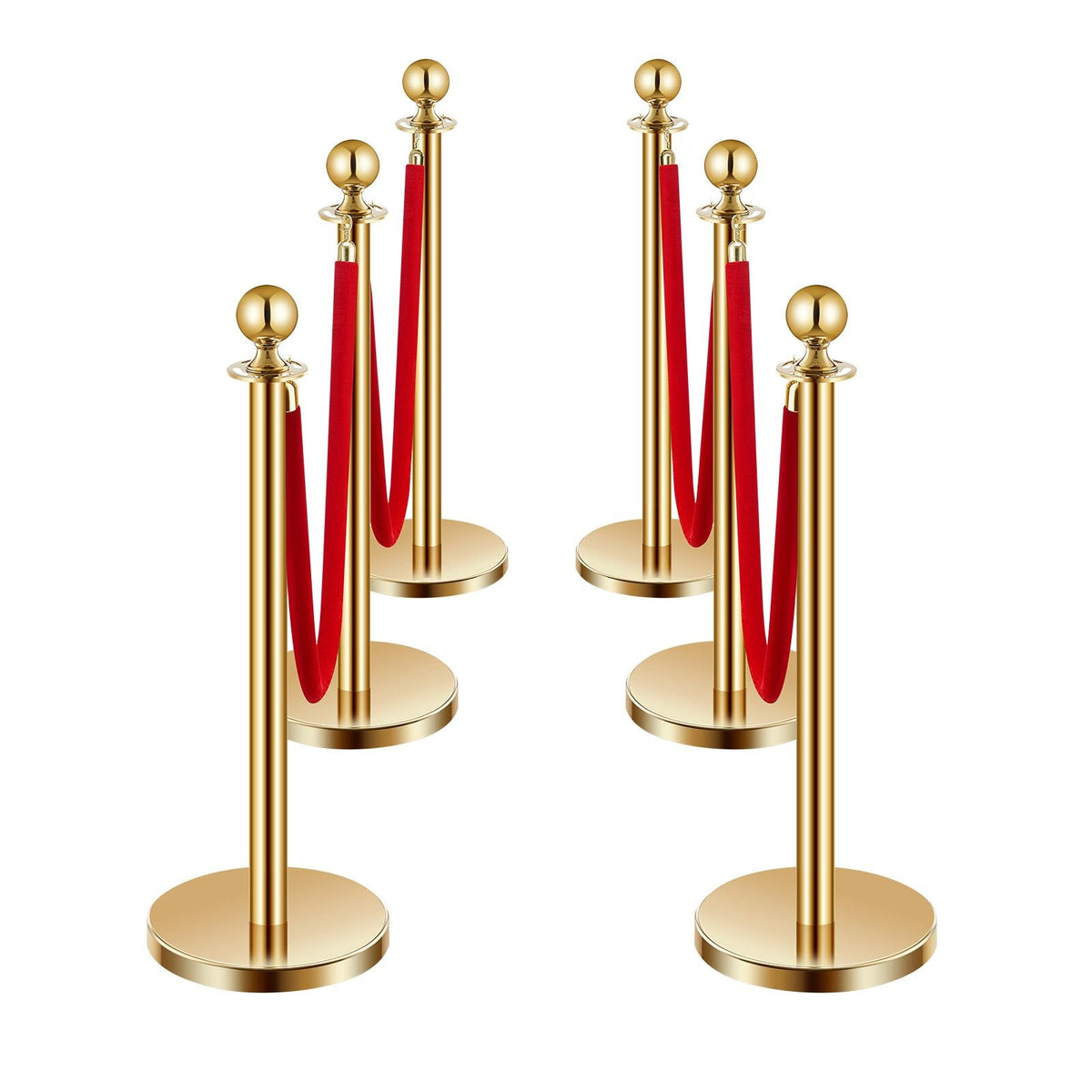 Stanchions and Velvet Ropes 6Pcs, Hollow Base with Stainless Steel Post, 4 Red Velvet Ropes and Posts, Crowd Control Barriers Gold Stanchions, Red Carpet Runner Poles for Party Supplies