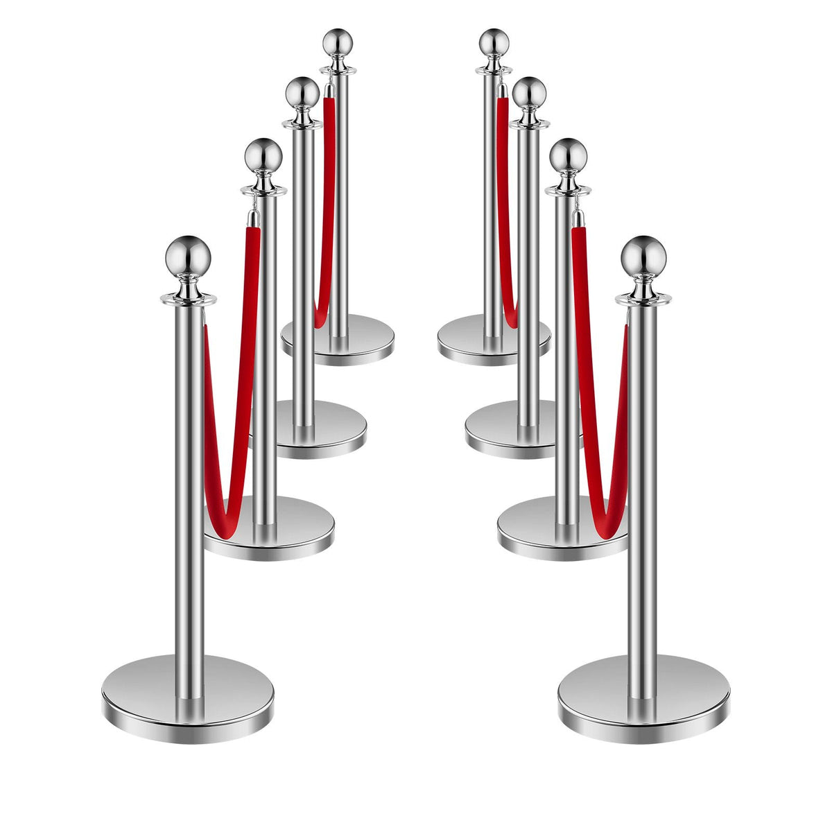 Stanchions and Velvet Ropes 8Pcs, Hollow Base with Stainless Steel Post, 4 Red Velvet Ropes and Posts, Crowd Control Barriers Silver Stanchions, Red Carpet Runner Poles for Party Supplies