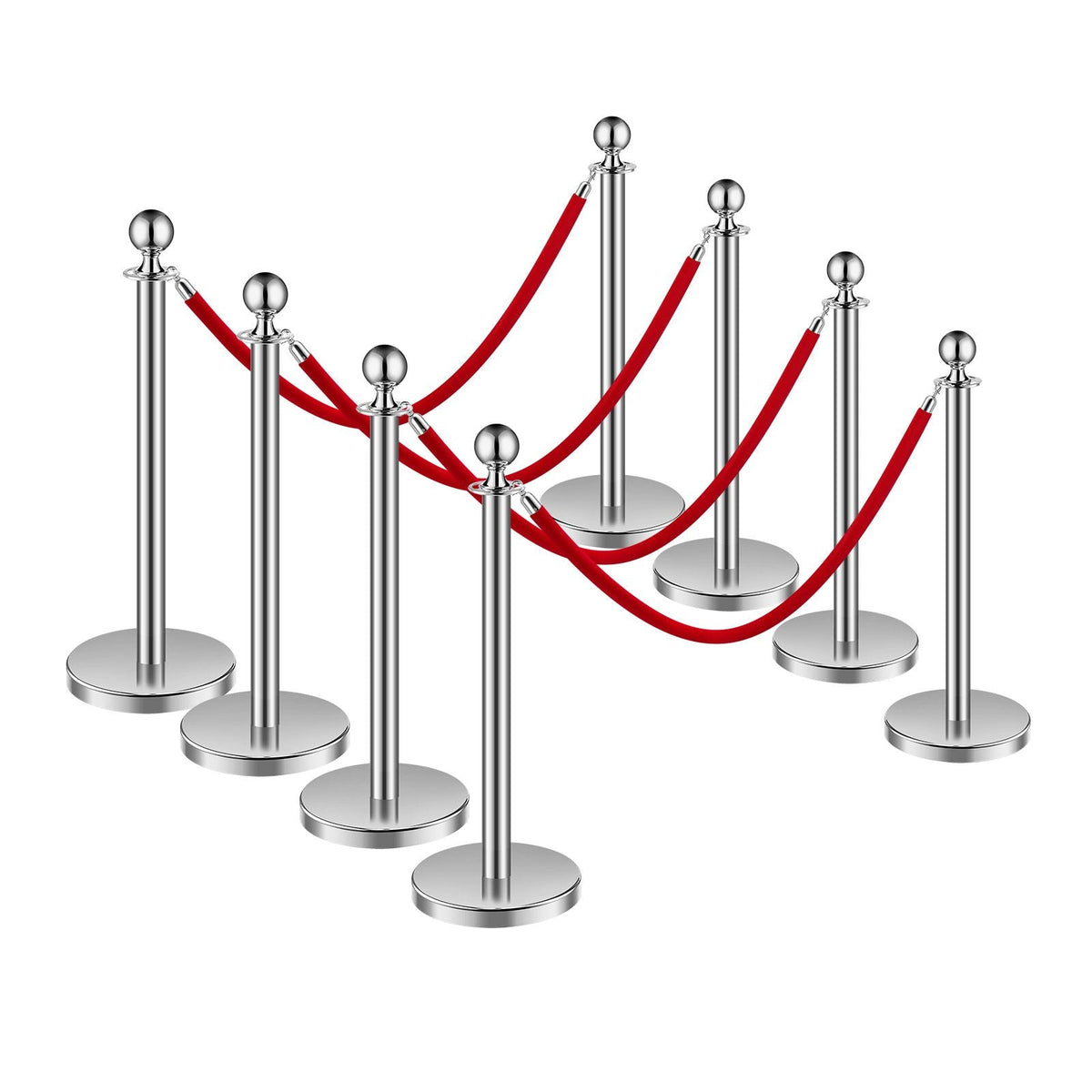 Stanchions and Velvet Ropes 8Pcs, Hollow Base with Stainless Steel Post, 4 Red Velvet Ropes and Posts, Crowd Control Barriers Silver Stanchions, Red Carpet Runner Poles for Party Supplies