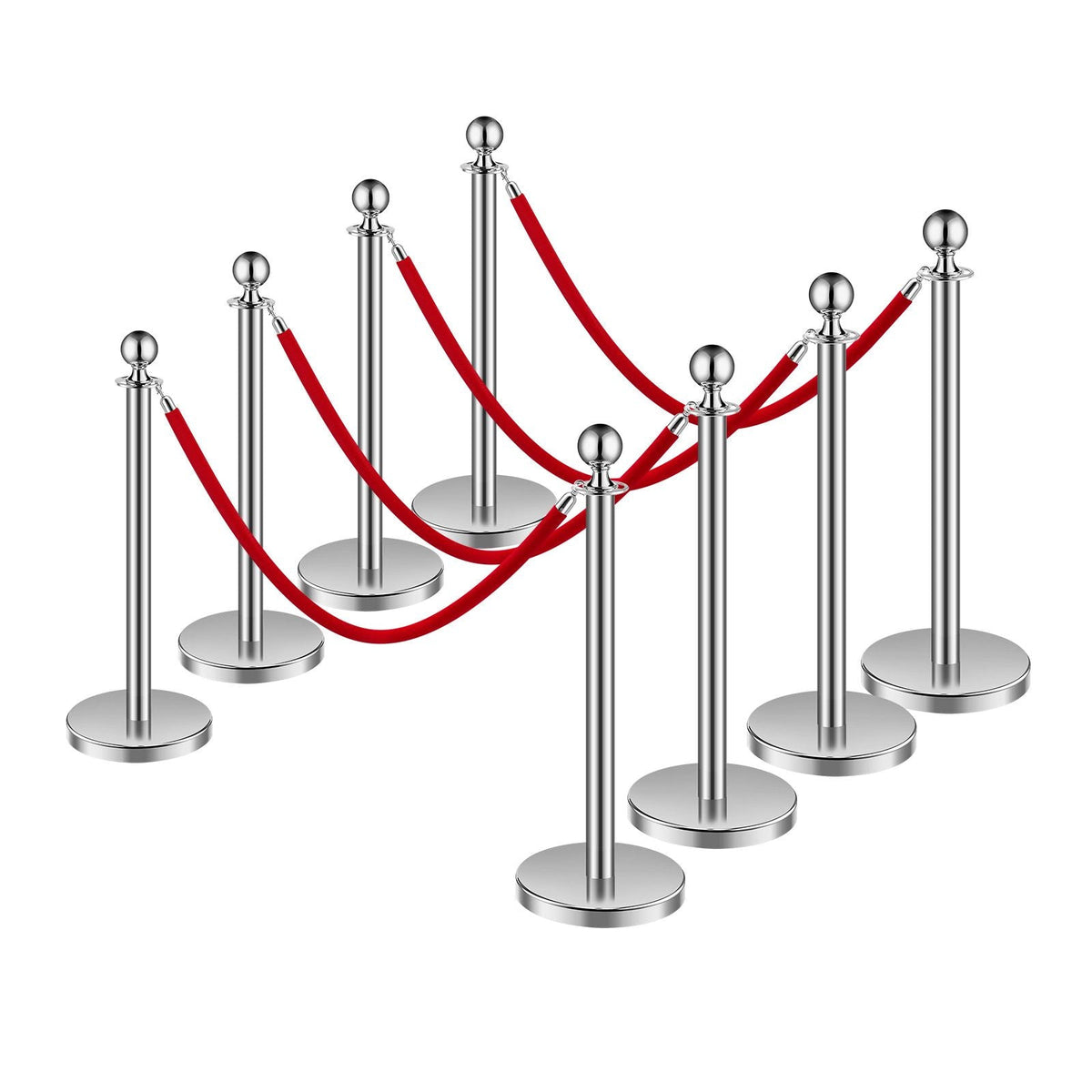 Stanchions and Velvet Ropes 8Pcs, Hollow Base with Stainless Steel Post, 4 Red Velvet Ropes and Posts, Crowd Control Barriers Silver Stanchions, Red Carpet Runner Poles for Party Supplies