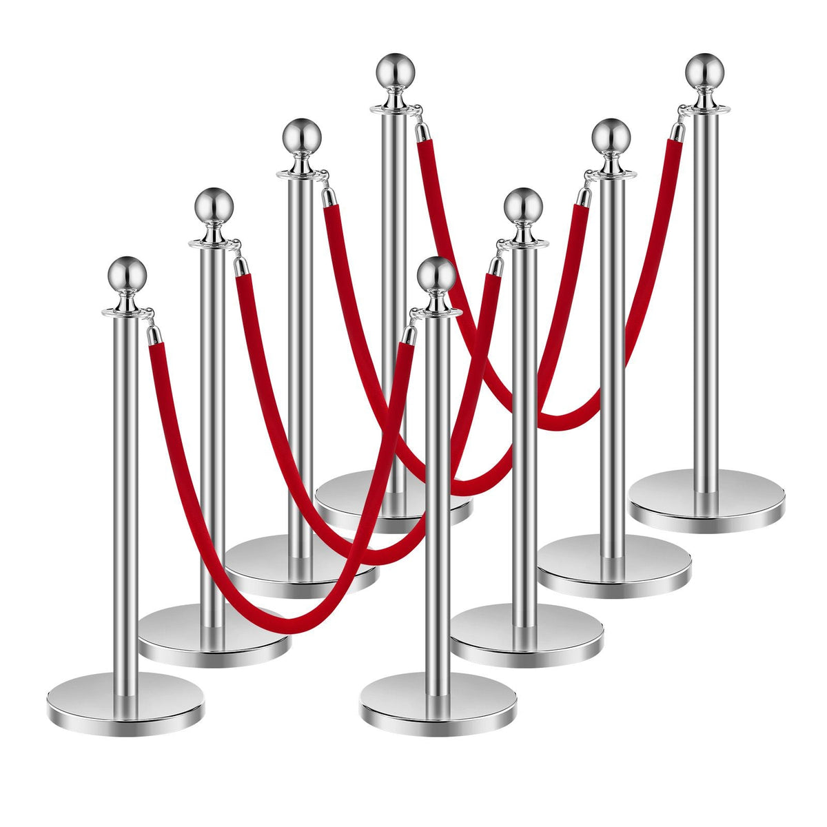 Stanchions and Velvet Ropes 8Pcs, Hollow Base with Stainless Steel Post, 4 Red Velvet Ropes and Posts, Crowd Control Barriers Silver Stanchions, Red Carpet Runner Poles for Party Supplies