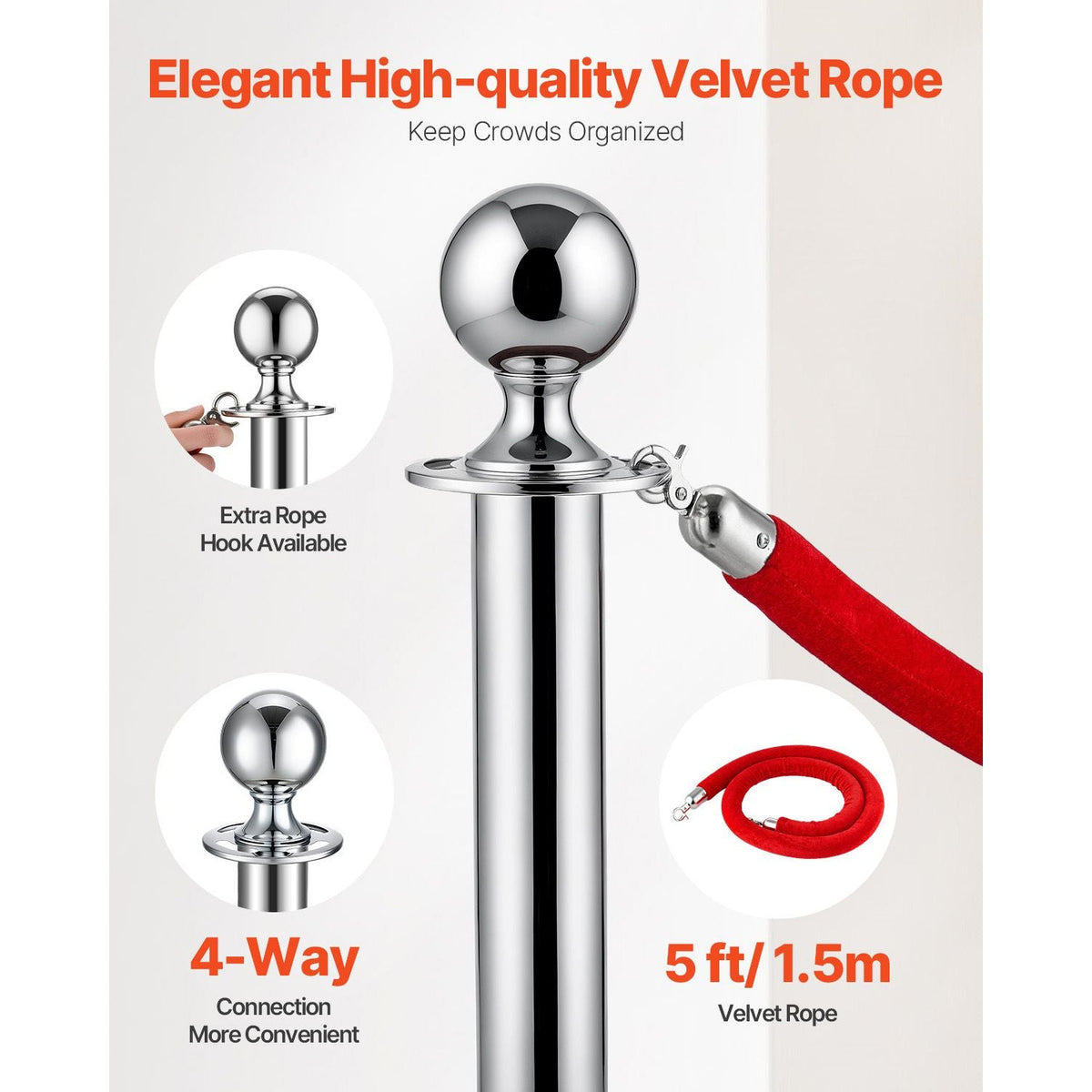 Stanchions and Velvet Ropes 8Pcs, Hollow Base with Stainless Steel Post, 4 Red Velvet Ropes and Posts, Crowd Control Barriers Silver Stanchions, Red Carpet Runner Poles for Party Supplies