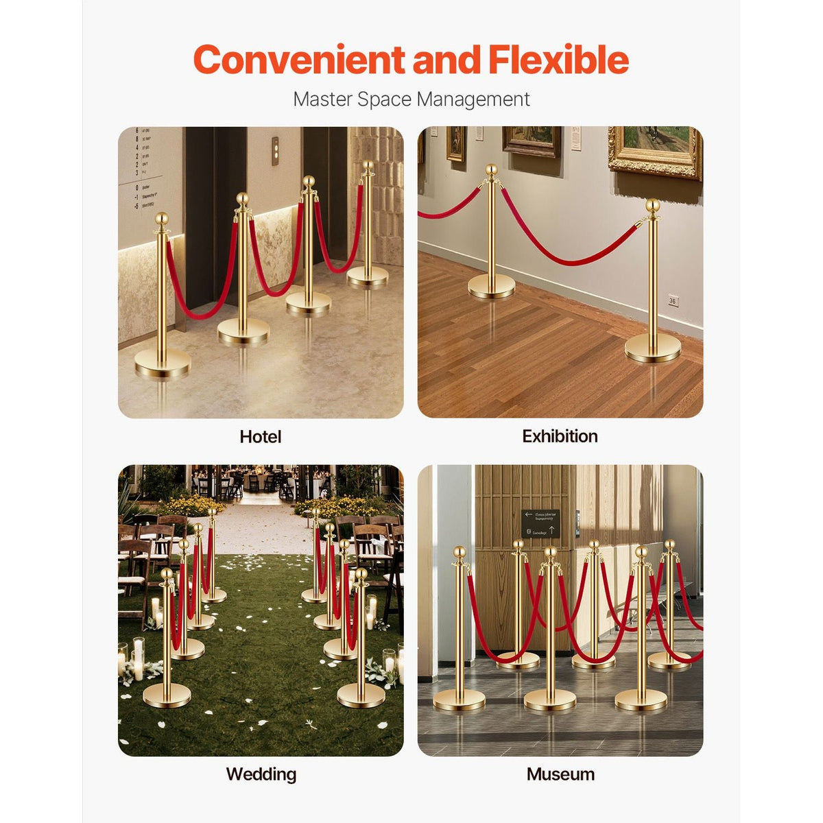 Stanchions and Velvet Ropes 8Pcs, Hollow Base with Stainless Steel Post, 6 Red Velvet Ropes and Posts, Crowd Control Barriers Gold Stanchions, Red Carpet Runner Poles for Party Supplies