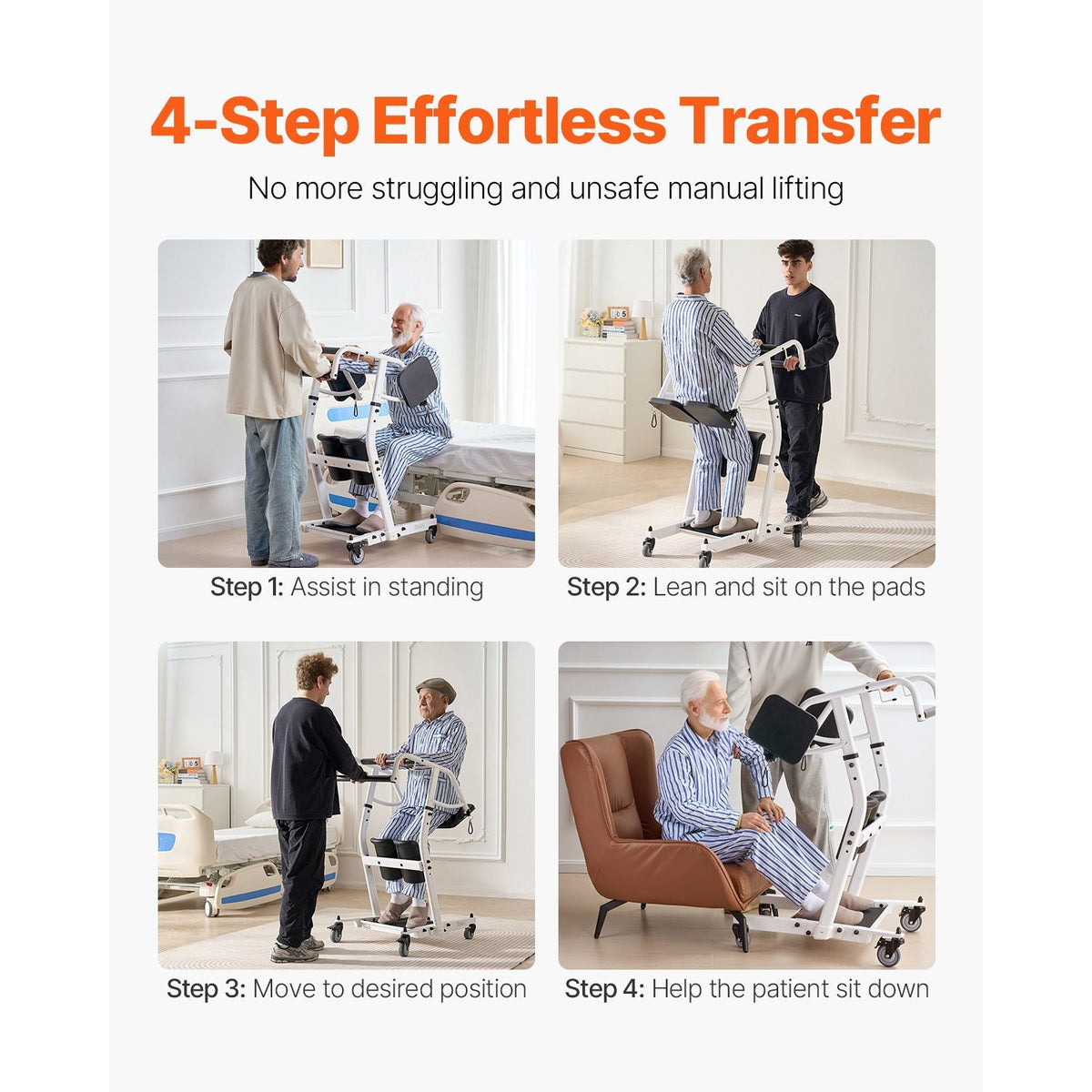 Stand Assist Patient Lift, Easy Sit-to-Stand Transfer Chair for Seniors Disabled - with Adjustable Knee Pads, PU Seat Pad & Lockable Wheels, 400 lbs Strong Capacity for Home Nursing Care
