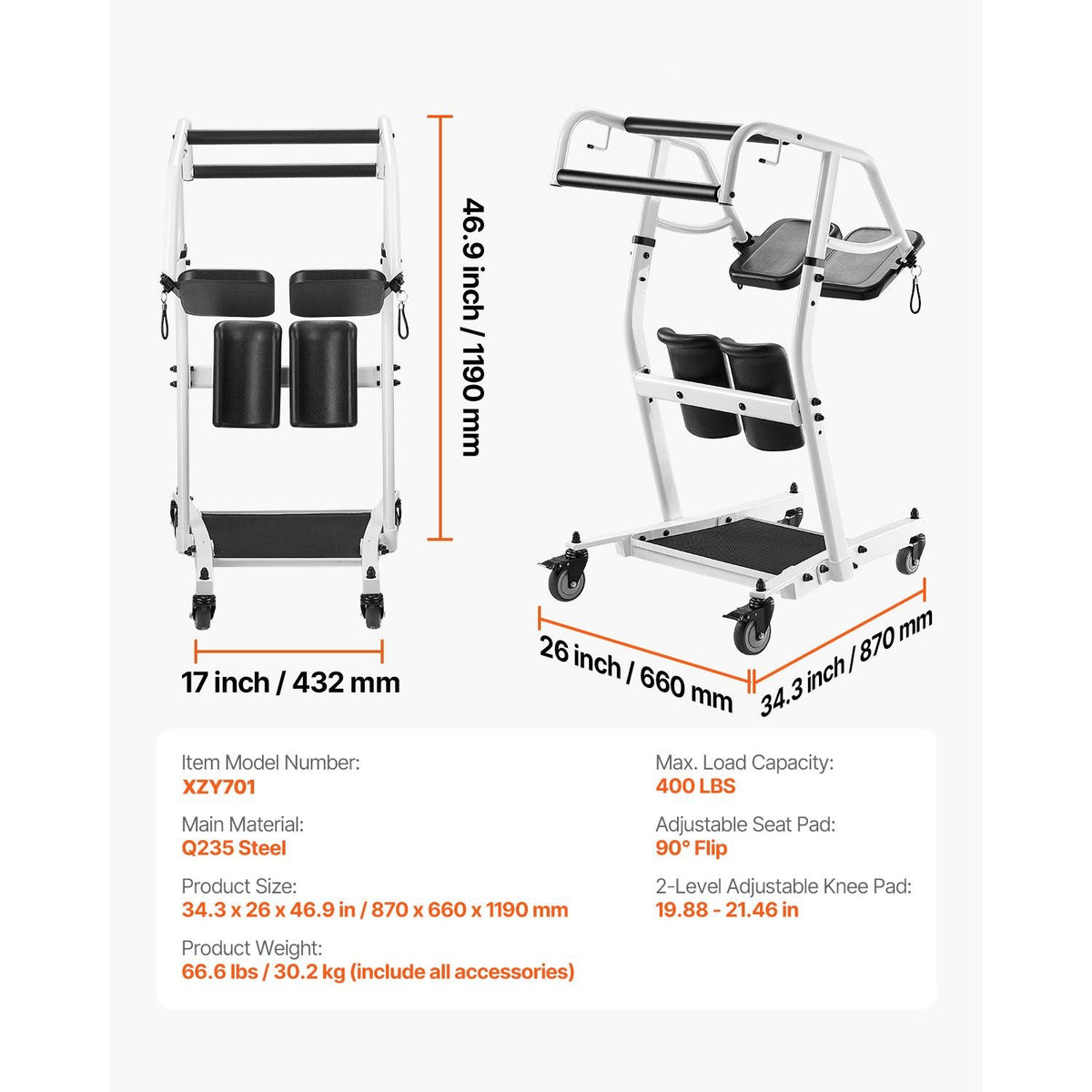 Stand Assist Patient Lift, Easy Sit-to-Stand Transfer Chair for Seniors Disabled - with Adjustable Knee Pads, PU Seat Pad & Lockable Wheels, 400 lbs Strong Capacity for Home Nursing Care