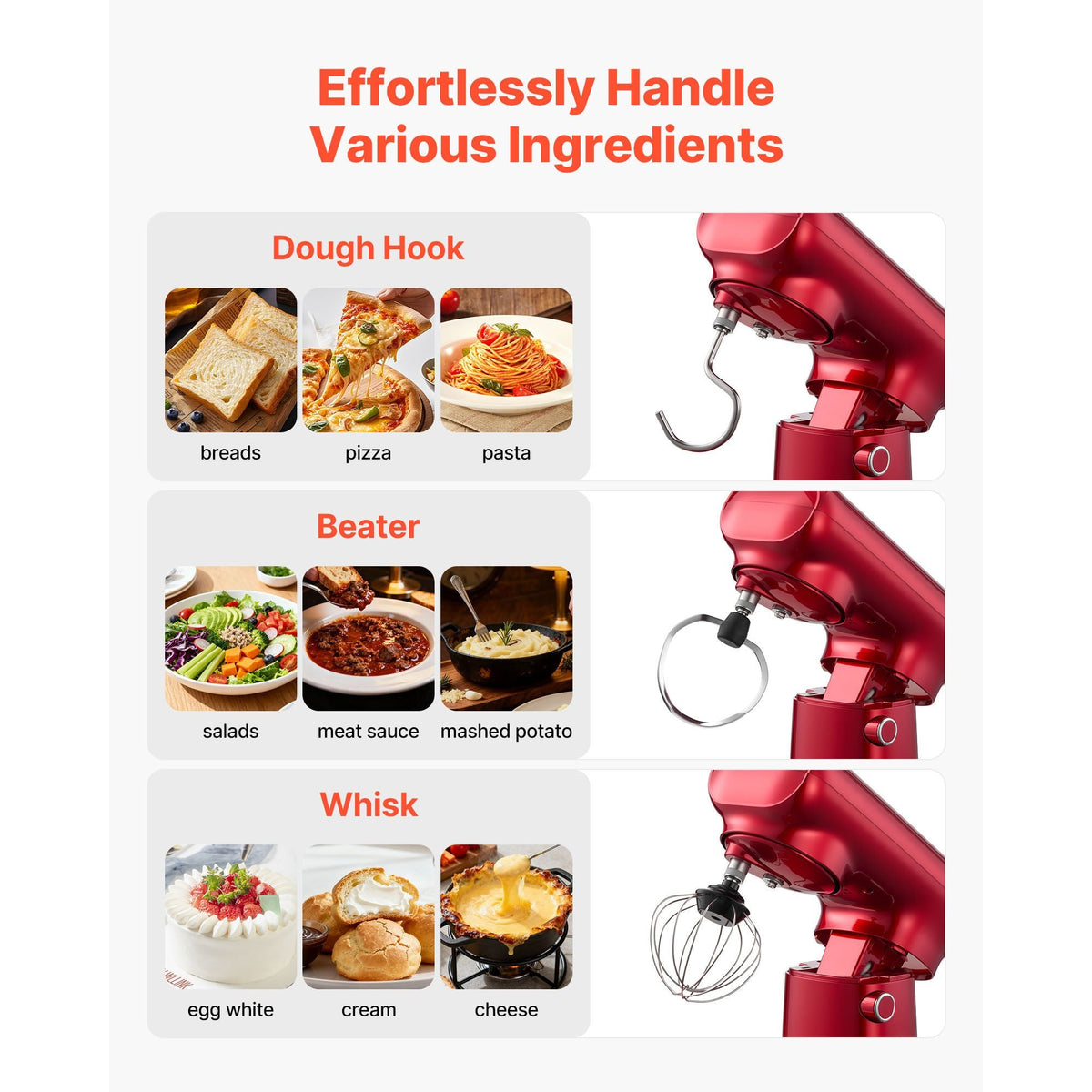 Stand Mixer, 3 QT Electric Kitchen Mixer, 300W Dough-Mixer, 10 Speeds Tilt-head Food-Mixer with Stainless Steel Bowl, Dough Hook, Whisk, Beater, for Baking, Mixing, Whipping & Kneading, Red