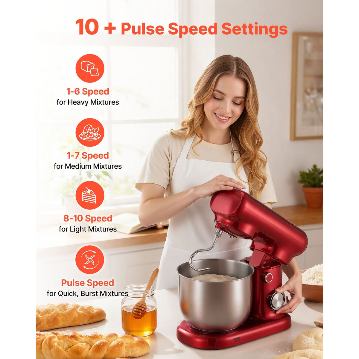 Stand Mixer, 3 QT Electric Kitchen Mixer, 300W Dough-Mixer, 10 Speeds Tilt-head Food-Mixer with Stainless Steel Bowl, Dough Hook, Whisk, Beater, for Baking, Mixing, Whipping & Kneading, Red