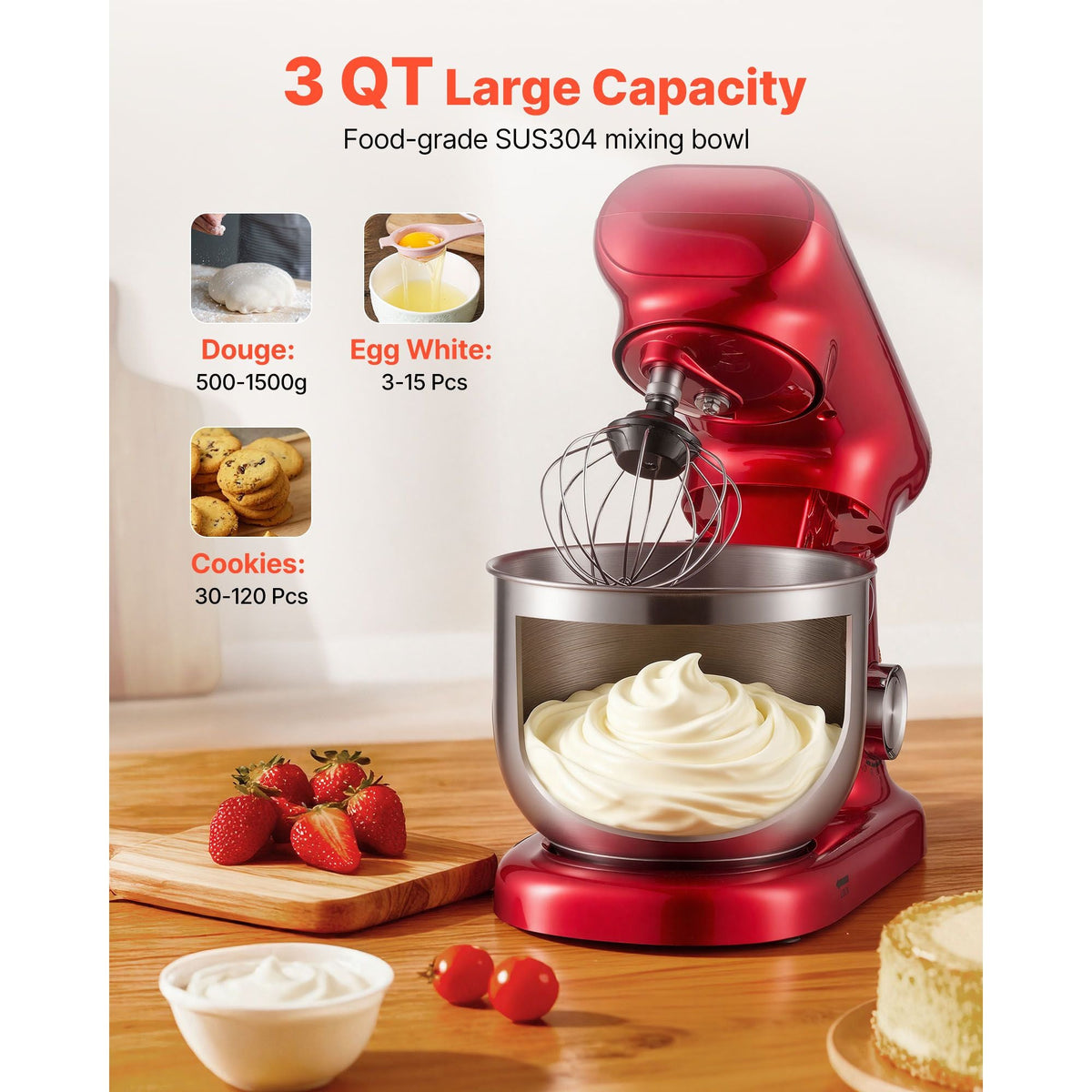 Stand Mixer, 3 QT Electric Kitchen Mixer, 300W Dough-Mixer, 10 Speeds Tilt-head Food-Mixer with Stainless Steel Bowl, Dough Hook, Whisk, Beater, for Baking, Mixing, Whipping & Kneading, Red