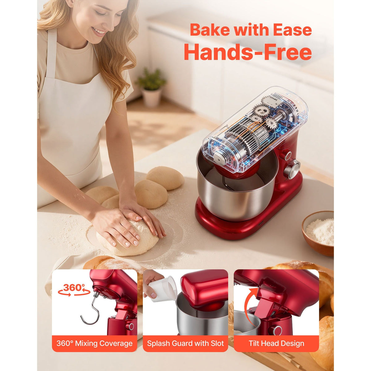 Stand Mixer, 3 QT Electric Kitchen Mixer, 300W Dough-Mixer, 10 Speeds Tilt-head Food-Mixer with Stainless Steel Bowl, Dough Hook, Whisk, Beater, for Baking, Mixing, Whipping & Kneading, Red