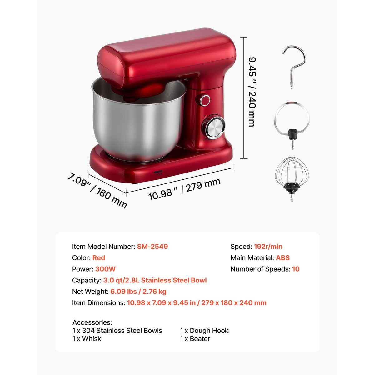 Stand Mixer, 3 QT Electric Kitchen Mixer, 300W Dough-Mixer, 10 Speeds Tilt-head Food-Mixer with Stainless Steel Bowl, Dough Hook, Whisk, Beater, for Baking, Mixing, Whipping & Kneading, Red