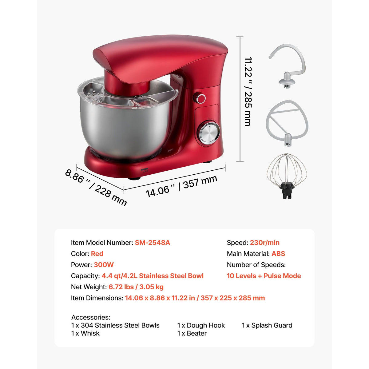 Stand Mixer, 4.4 QT Electric Kitchen Mixer, 300W Dough-Mixer, 10 + Pulse Speeds Tilt-head Food-Mixer with Stainless Steel Bowl, Dough Hook, Whisk, Beater, for Baking, Mixing, Whipping & Kneading