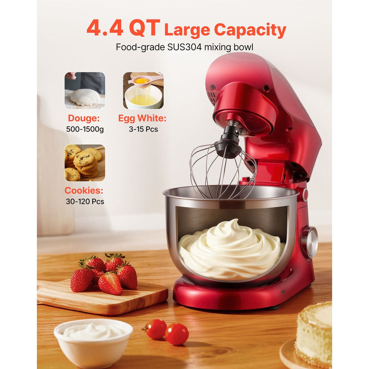 Stand Mixer, 4.4 QT Electric Kitchen Mixer, 300W Dough-Mixer, 10 + Pulse Speeds Tilt-head Food-Mixer with Stainless Steel Bowl, Dough Hook, Whisk, Beater, for Baking, Mixing, Whipping & Kneading