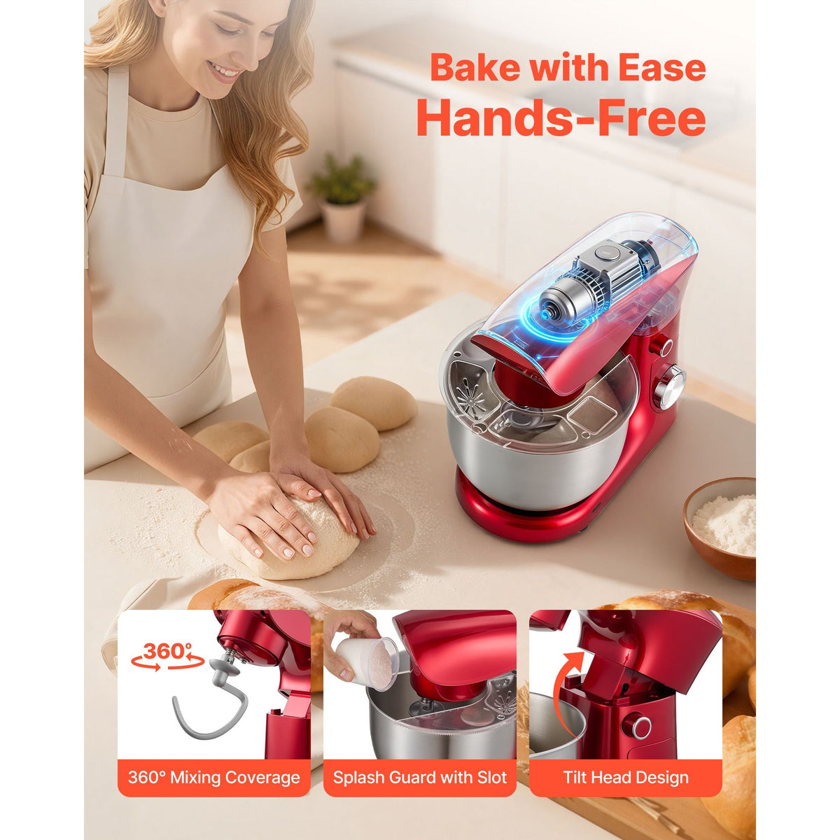 Stand Mixer, 4.4 QT Electric Kitchen Mixer, 300W Dough-Mixer, 10 + Pulse Speeds Tilt-head Food-Mixer with Stainless Steel Bowl, Dough Hook, Whisk, Beater, for Baking, Mixing, Whipping & Kneading