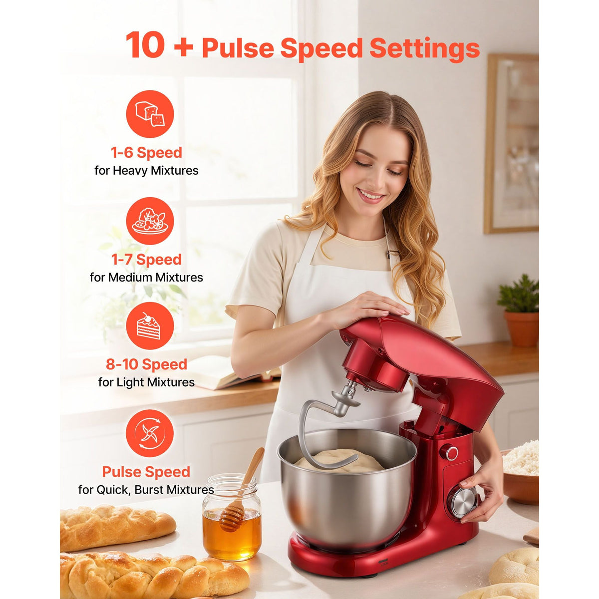 Stand Mixer, 4.4 QT Electric Kitchen Mixer, 300W Dough-Mixer, 10 + Pulse Speeds Tilt-head Food-Mixer with Stainless Steel Bowl, Dough Hook, Whisk, Beater, for Baking, Mixing, Whipping & Kneading