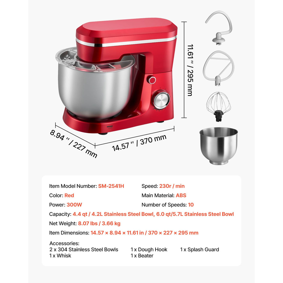 Stand Mixer, 4.4 QT+6 QT Electric Kitchen Mixer, 300W Dough-Mixer, 10 Speeds Tilt-head Food-Mixer with Stainless Steel Bowls, Dough Hook, Whisk, Beater, for Baking, Mixing, Whipping & Kneading