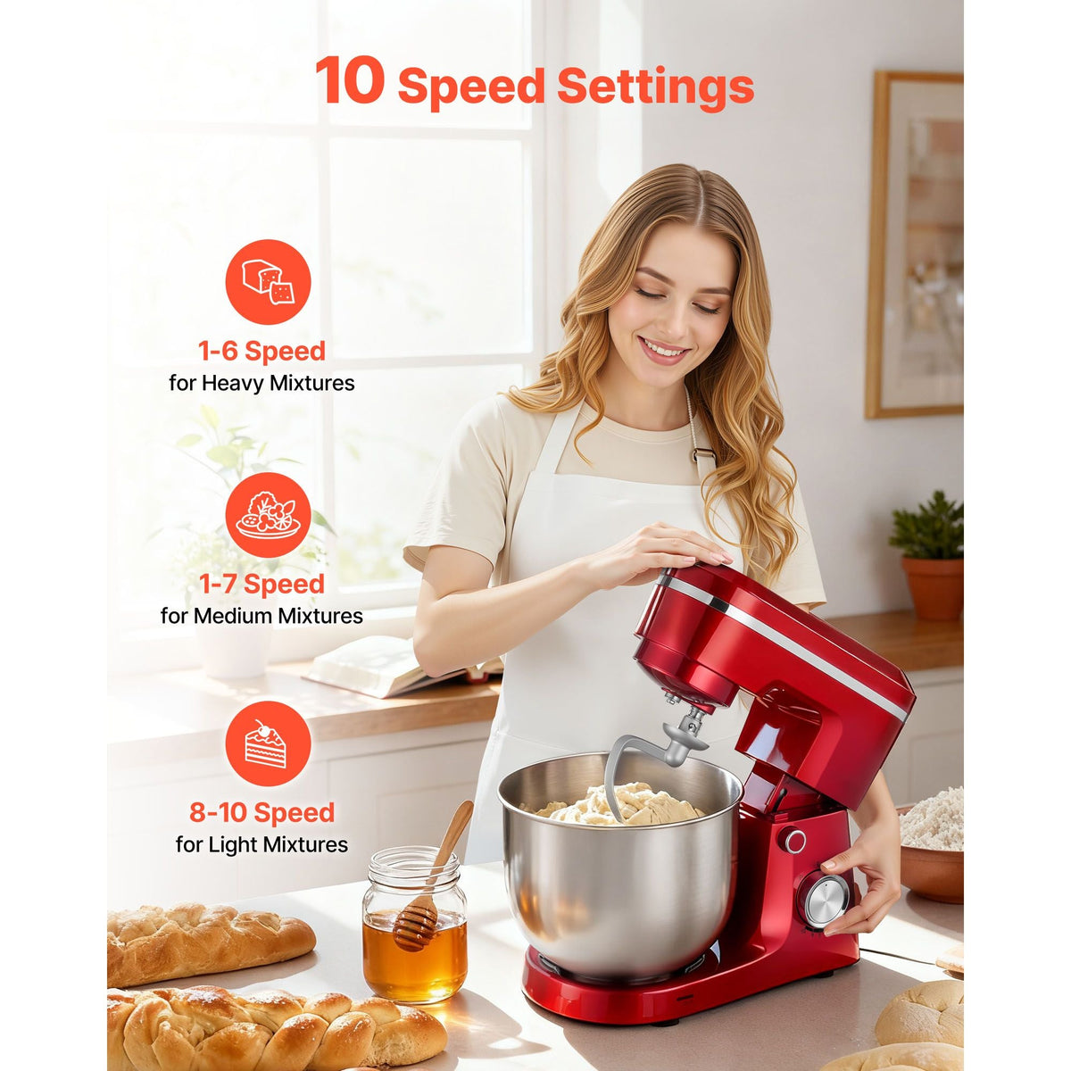 Stand Mixer, 4.4 QT+6 QT Electric Kitchen Mixer, 300W Dough-Mixer, 10 Speeds Tilt-head Food-Mixer with Stainless Steel Bowls, Dough Hook, Whisk, Beater, for Baking, Mixing, Whipping & Kneading