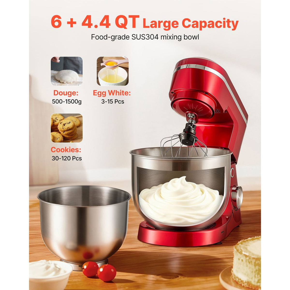 Stand Mixer, 4.4 QT+6 QT Electric Kitchen Mixer, 300W Dough-Mixer, 10 Speeds Tilt-head Food-Mixer with Stainless Steel Bowls, Dough Hook, Whisk, Beater, for Baking, Mixing, Whipping & Kneading