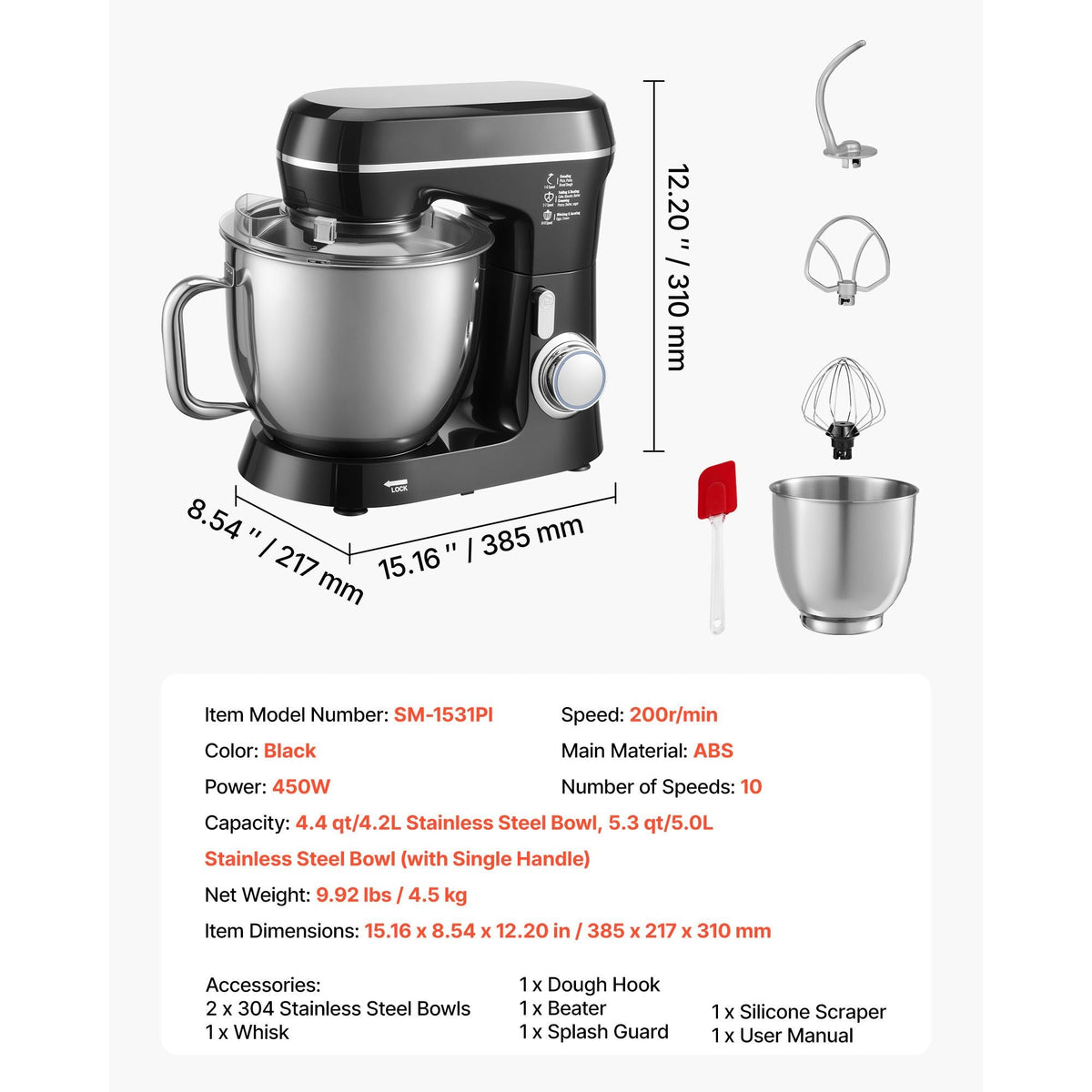Stand Mixer, 5.3QT + 4.4QT Two Stainless Steel Bowls, 10+P Speeds Tilt-head Food Mixer, Kitchen Mixer with Dough Hook, Wire Whip, Beater, Scraper, Household Stand Mixer for Baking Mixing, Black