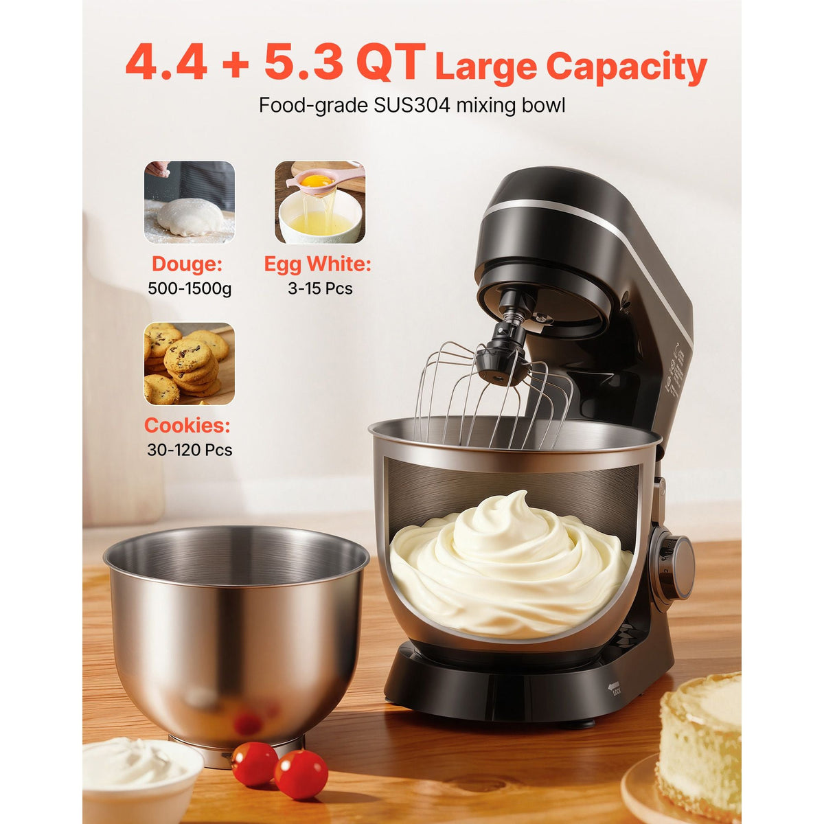 Stand Mixer, 5.3QT + 4.4QT Two Stainless Steel Bowls, 10+P Speeds Tilt-head Food Mixer, Kitchen Mixer with Dough Hook, Wire Whip, Beater, Scraper, Household Stand Mixer for Baking Mixing, Black