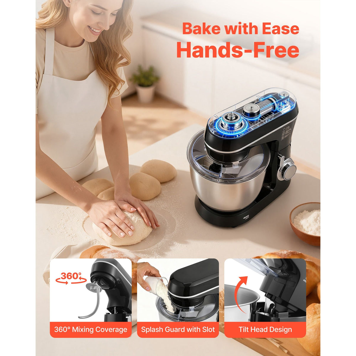 Stand Mixer, 5.3QT + 4.4QT Two Stainless Steel Bowls, 10+P Speeds Tilt-head Food Mixer, Kitchen Mixer with Dough Hook, Wire Whip, Beater, Scraper, Household Stand Mixer for Baking Mixing, Black