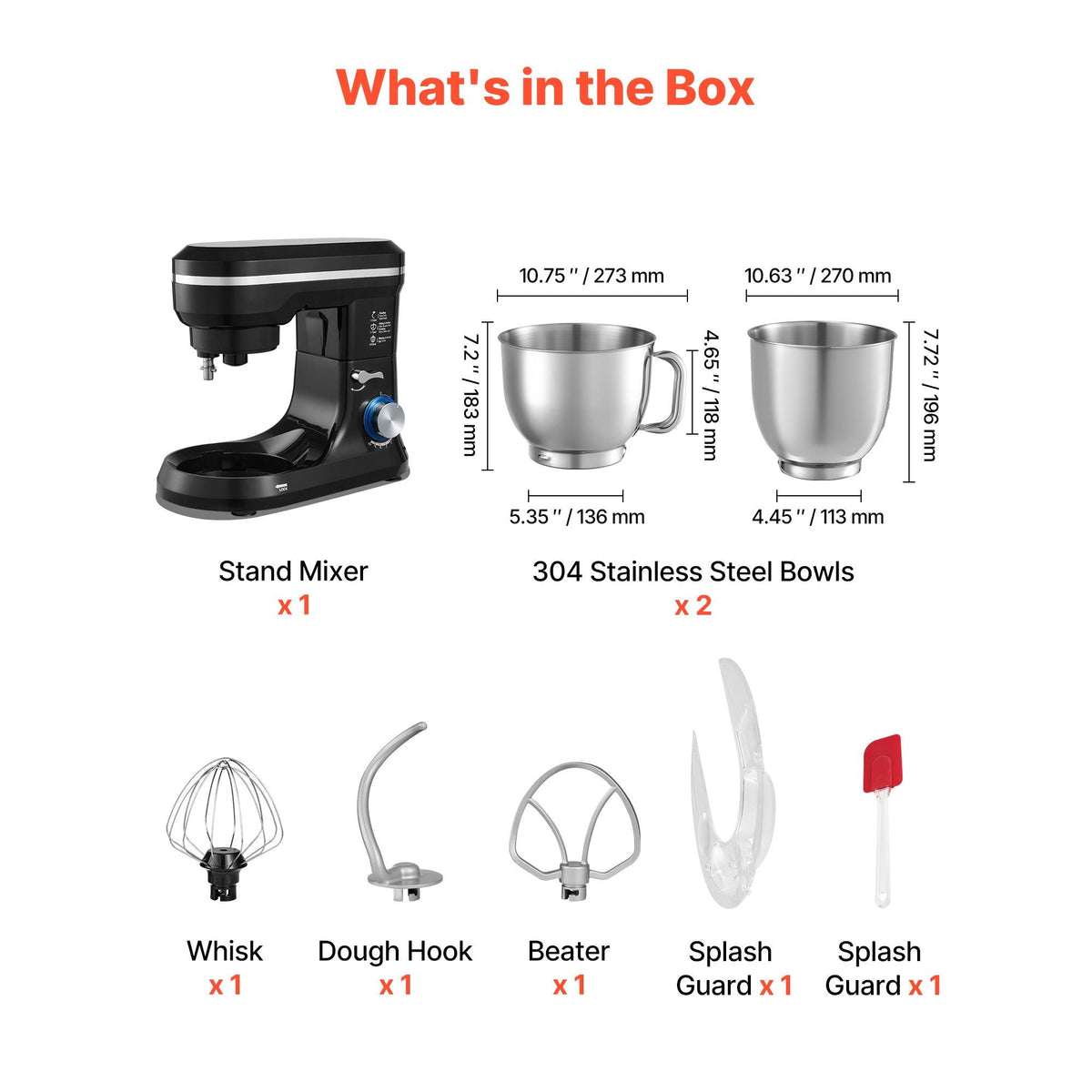 Stand Mixer, 5.3QT + 4.4QT Two Stainless Steel Bowls, 10+P Speeds Tilt-head Food Mixer, Kitchen Mixer with Dough Hook, Wire Whip, Beater, Scraper, Household Stand Mixer for Baking Mixing, Black
