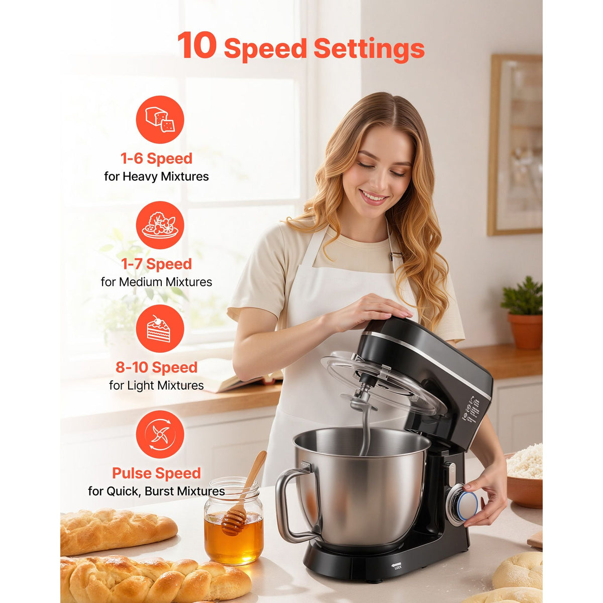 Stand Mixer, 5.3QT + 4.4QT Two Stainless Steel Bowls, 10+P Speeds Tilt-head Food Mixer, Kitchen Mixer with Dough Hook, Wire Whip, Beater, Scraper, Household Stand Mixer for Baking Mixing, Black