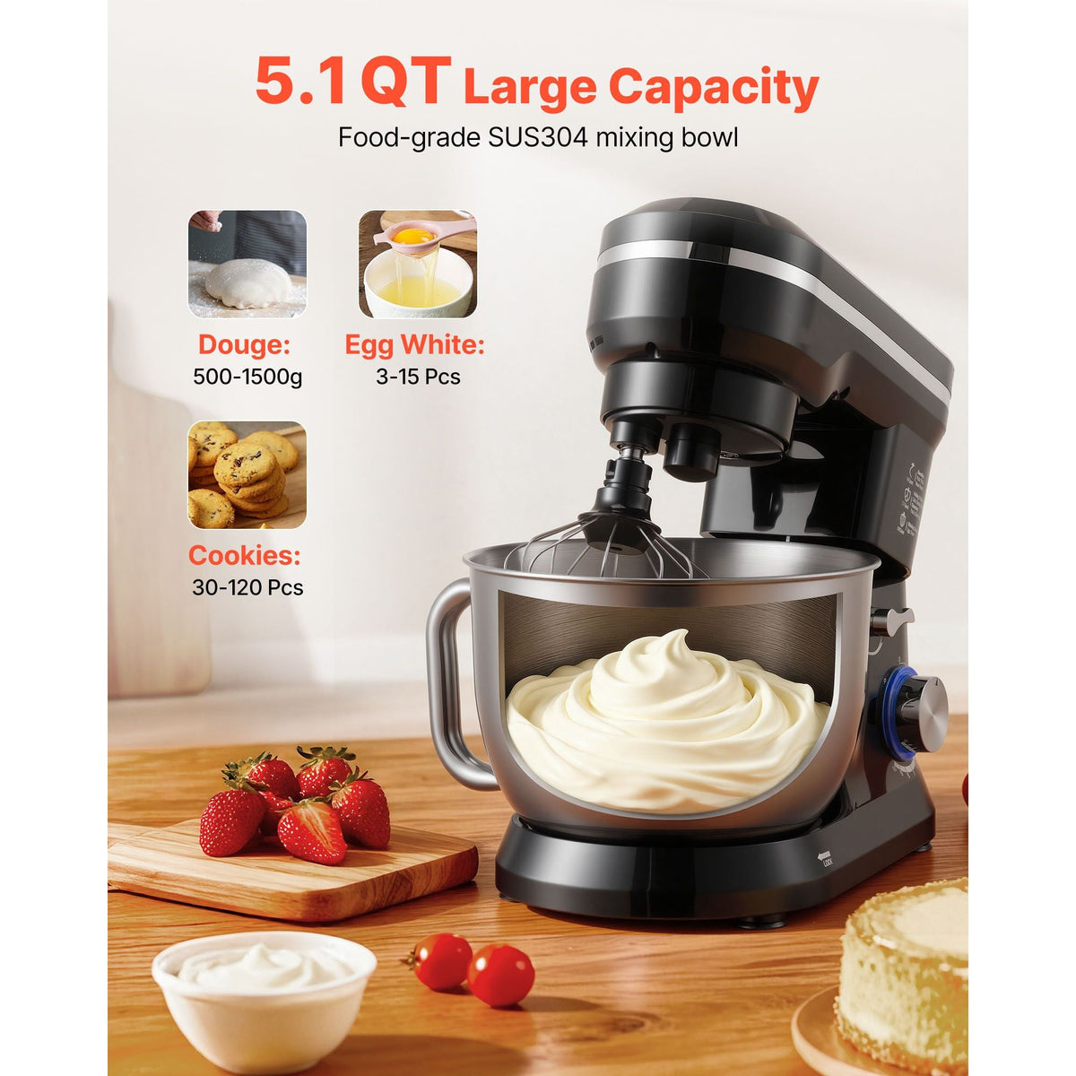Stand Mixer, 5QT Dough Mixer, 10+P Speeds Tilt-head Food Mixer, Kitchen Mixer with Stainless Steel Bowl, Dough Hook, Wire Whip, Beater, Scraper, Household Stand Mixer for Baking Mixing, Black