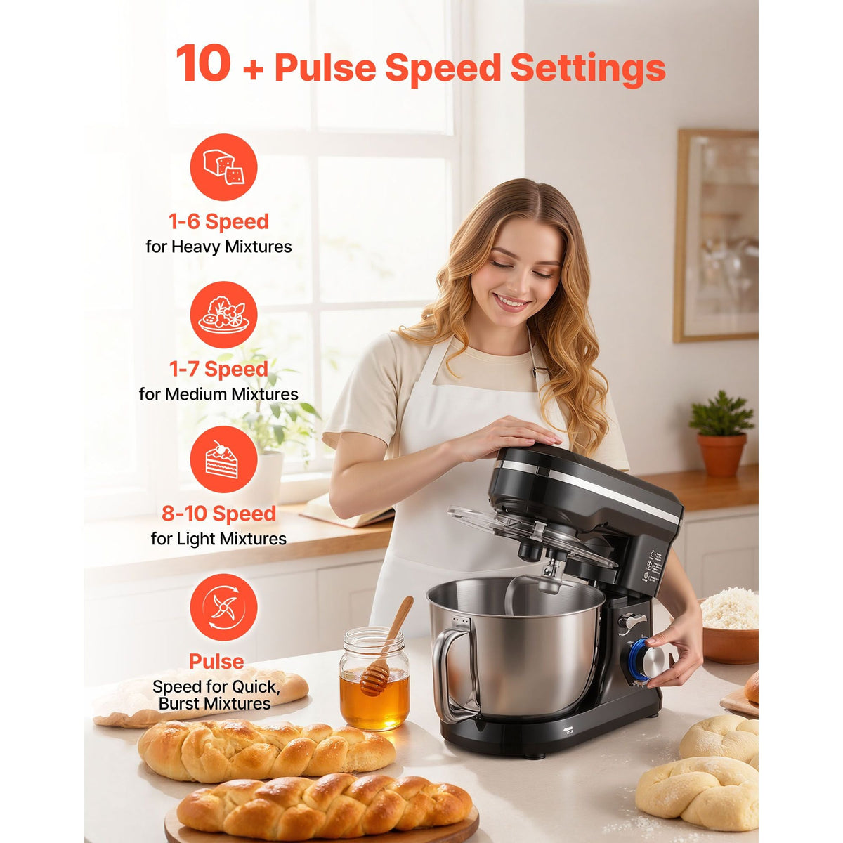 Stand Mixer, 5QT Dough Mixer, 10+P Speeds Tilt-head Food Mixer, Kitchen Mixer with Stainless Steel Bowl, Dough Hook, Wire Whip, Beater, Scraper, Household Stand Mixer for Baking Mixing, Black